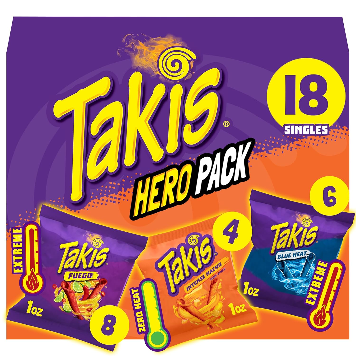Takis 18 pc / 1 oz Hero Variety Pack, Assorted Flavored Mixed Rolled Tortilla Chips – (8) Fuego, (6) Blue Heat, (4) Intense Nacho