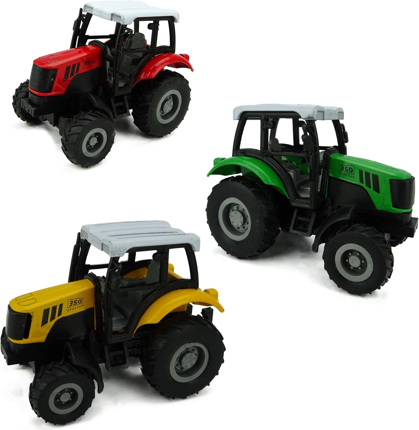 Pack of 3 - Die Cast Pull Back Tractor - Farm Toys - 1 Yellow, 1 Red, 1 Green Tractor