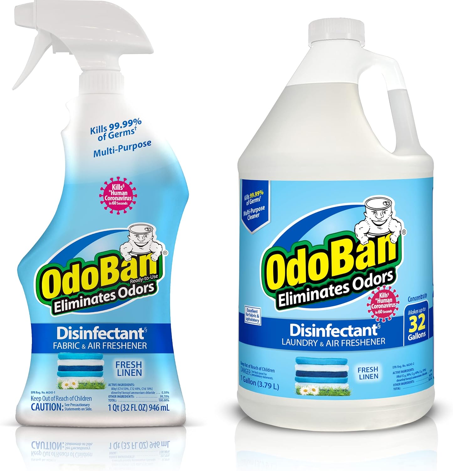 OdoBan Ready-to-Use Disinfectant and Odor Eliminator, Made in the USA, Fresh Linen Scent, Set of 2, 32 oz Spray and 1 Gallon Concentrate