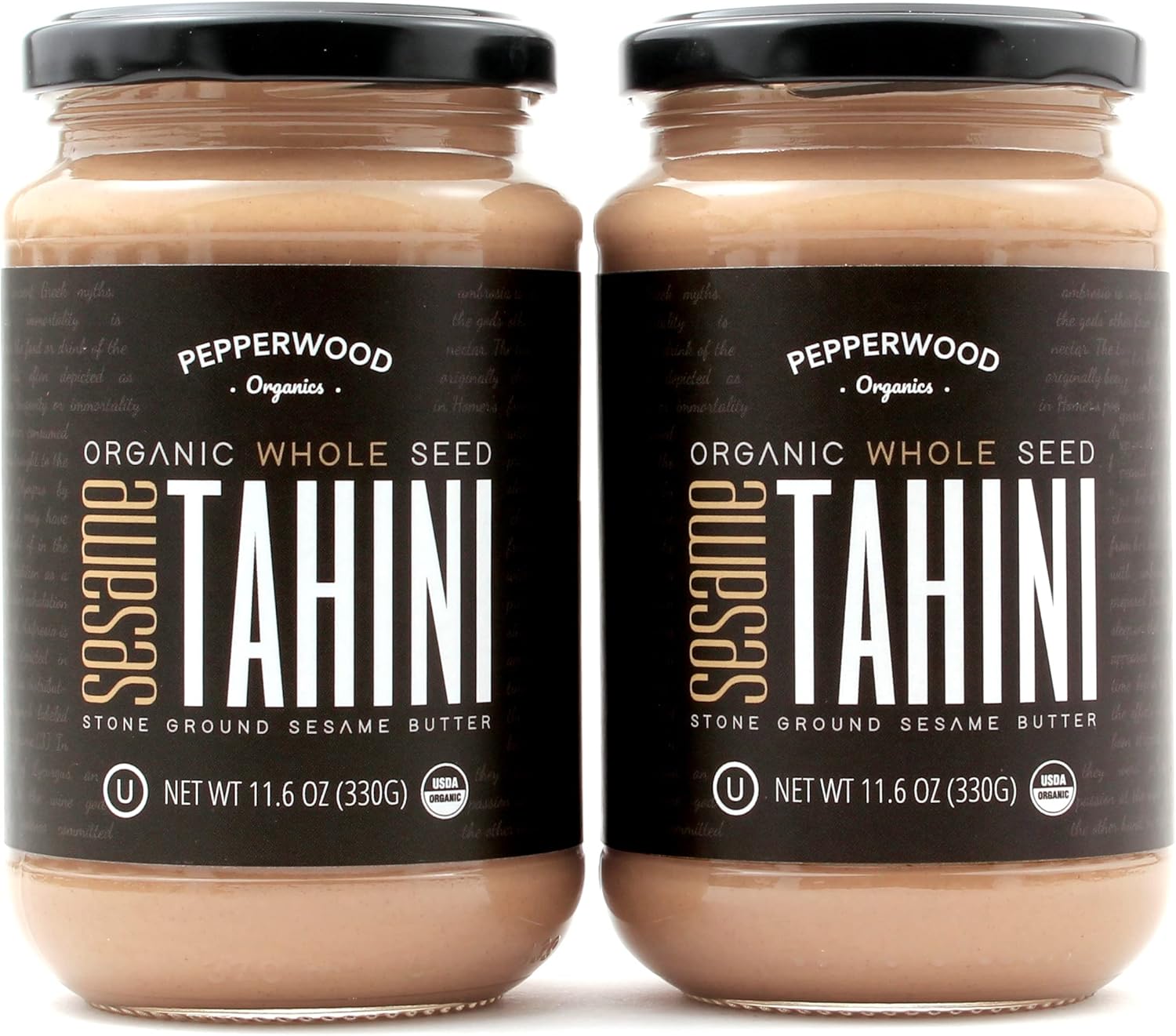 Organic Whole Sesame Tahini Paste - Unhulled & Stone-Ground - Silky Smooth Texture in Hummus, Dips, Dressings - Unsalted, Nut-Free, Kosher, Paleo, Keto 330g Glass Jar (2-Pack) Pepperwood Organics