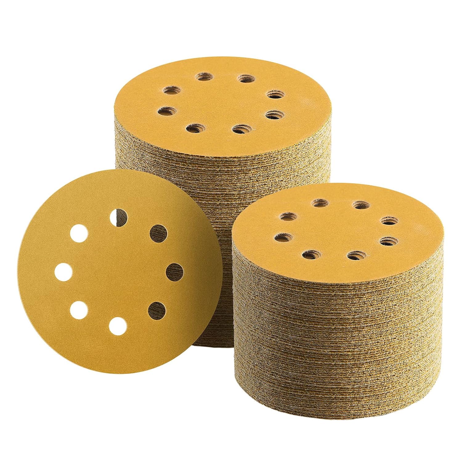 100 Pcs 5 Inch Sanding Discs Hook and Loop, 220 Grit Sandpaper for Woodworking or Automotive, 8 Hole Gold Premium Dustless Random Orbit Sandpaper