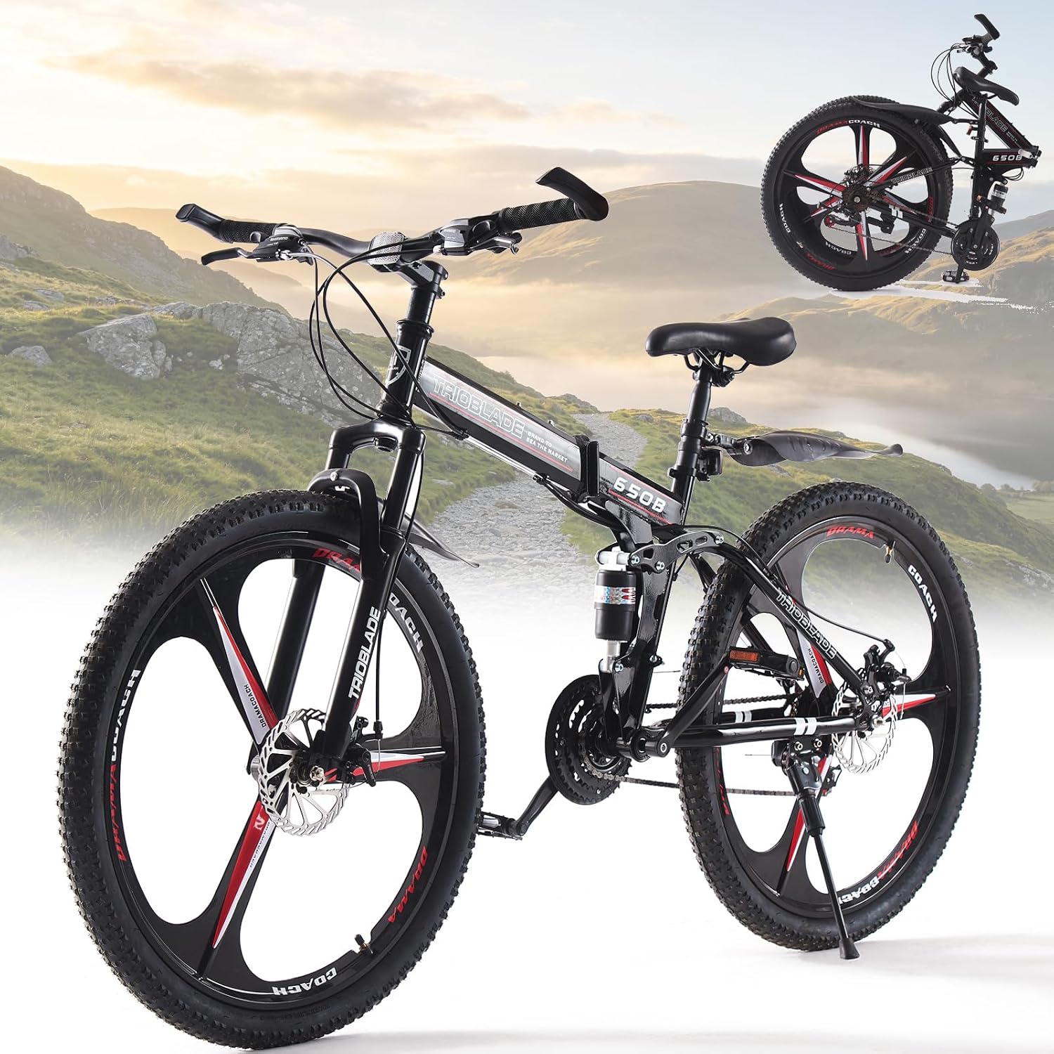 BSTSEL 24 26 27.5Inch Adult Folding Mountain Bike, Dual Suspension Mens Mountain Bikes with 3-Spoke Wheel, 21 Speed for Adults Mens and Womens Foldable Mountain Bicycle