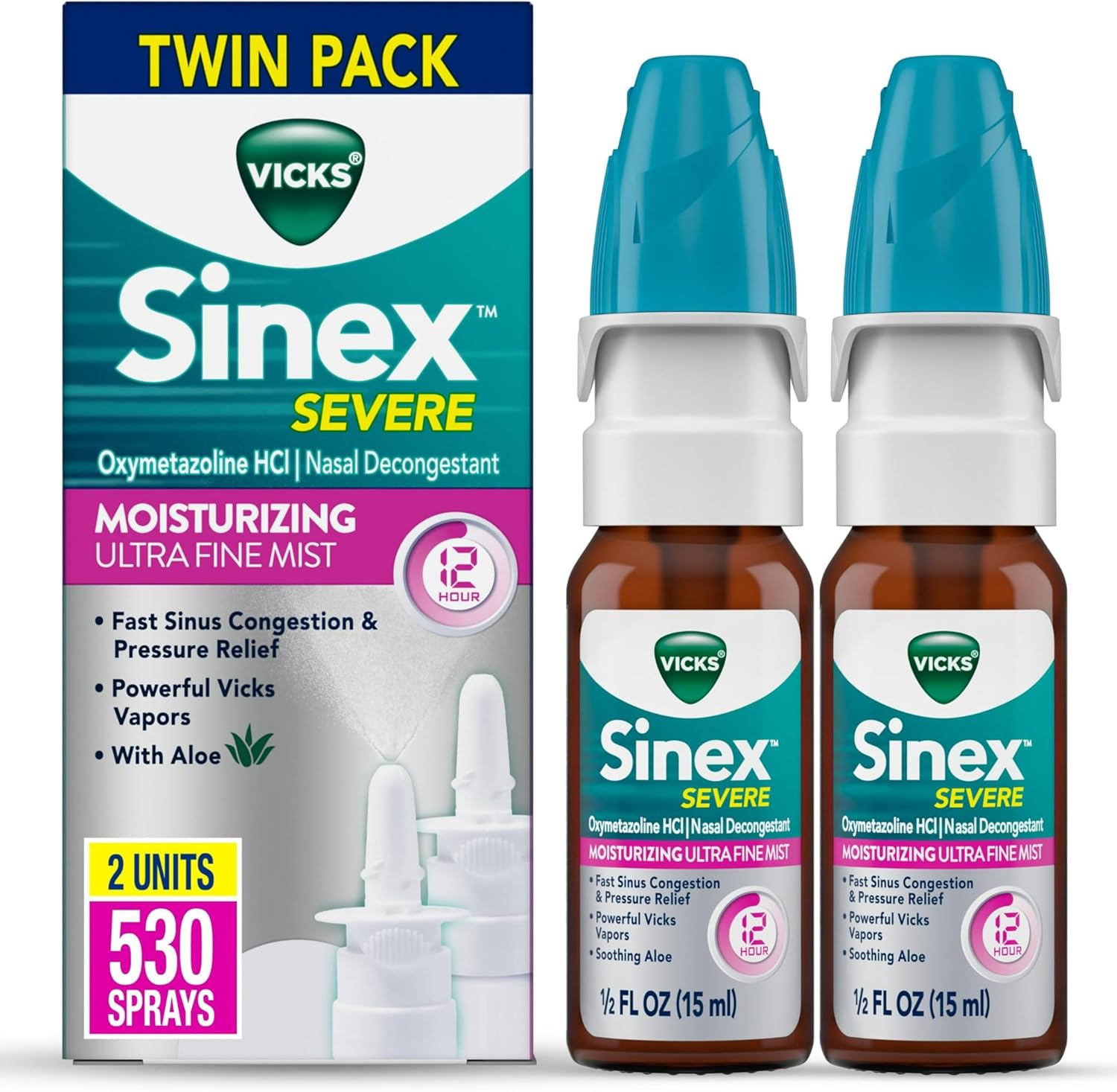Vicks Sinex Severe Nasal Spray, Moisturizing Ultra Fine Mist with Aloe, Decongestant Medicine, Relief from Stuffy Nose Due to Cold or Allergy, Nasal Congestion & Sinus Pressure Relief, 265 Sprays x 2