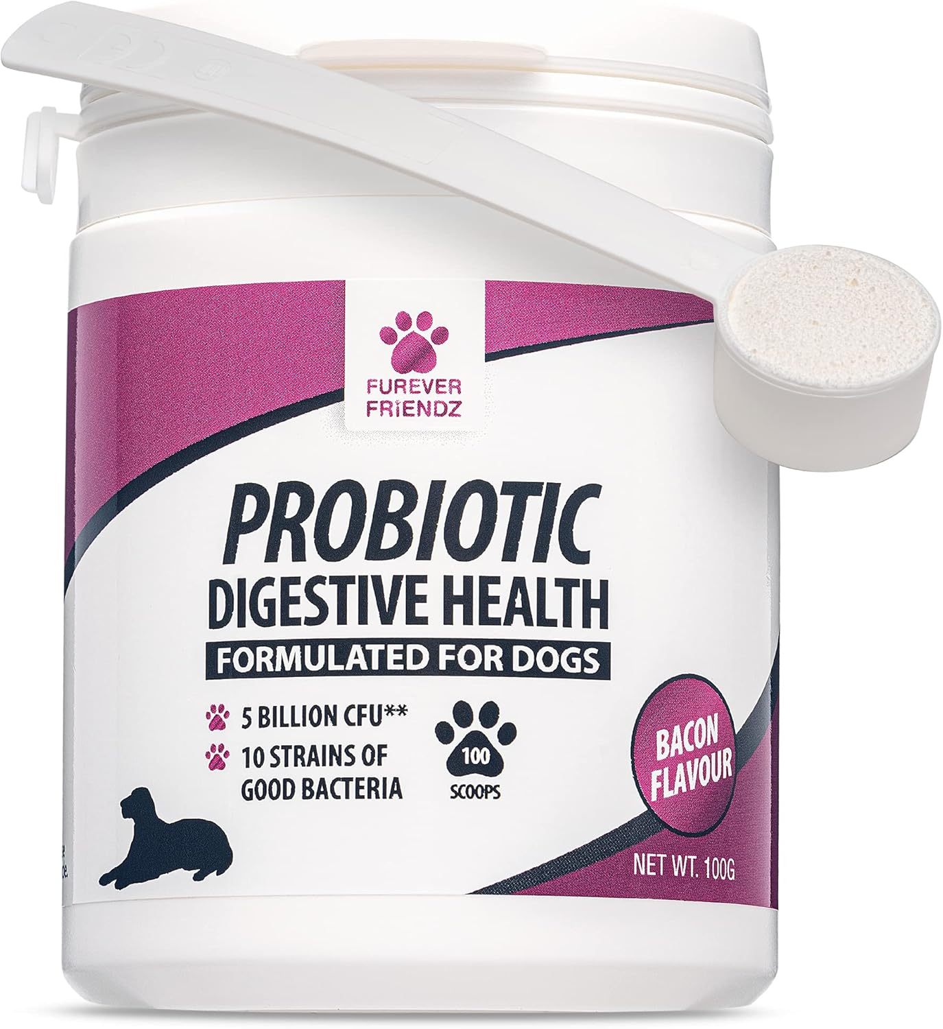 Dog Probiotic Powder – Bacon Flavour Probiotic for Dogs – Dog Digestive Supplements w/No Gluten or Dairy – Mix-In Powdered Probiotics for Dogs Powder by Furever Friendz