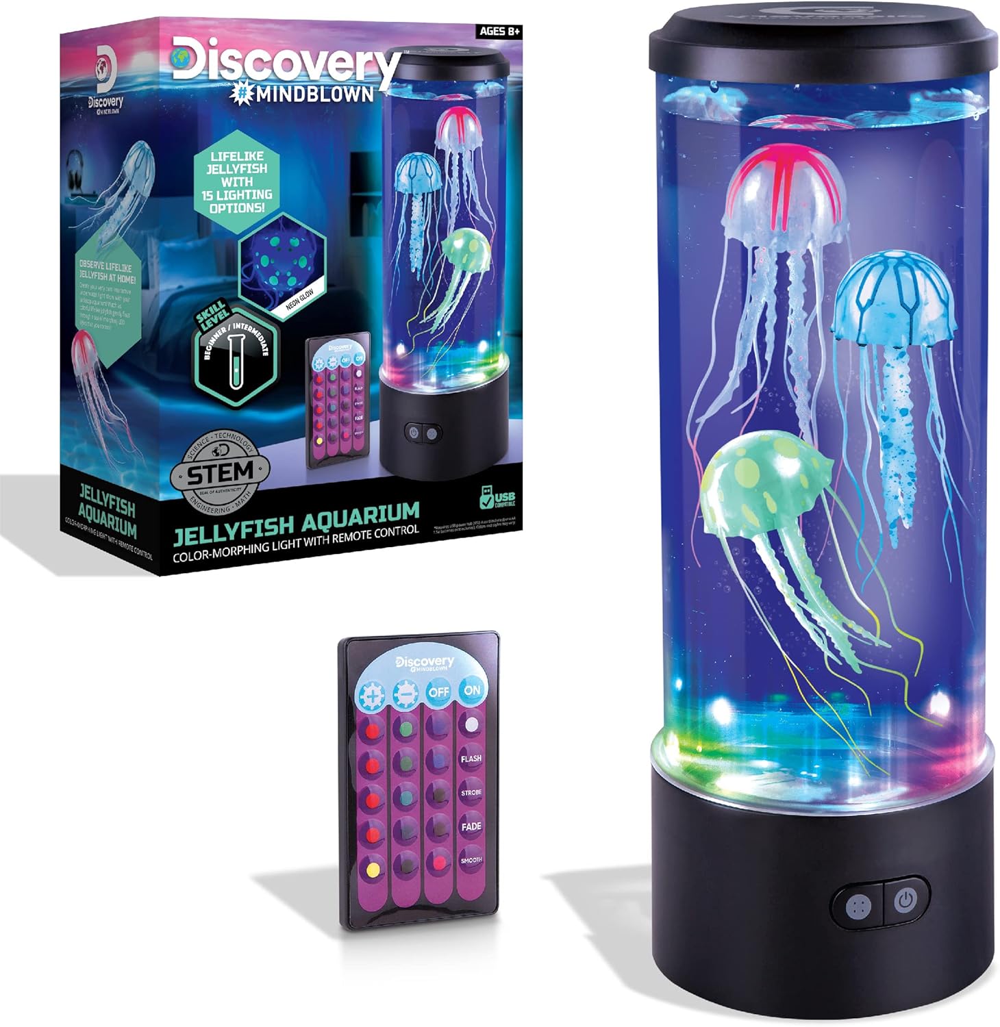 Discovery™ Jellyfish Aquarium Lamp – Color‑Morphing LED Bedroom Night Light with Remote| 15 Light Options| Lifelike Floating Jellyfish| Kids Science Toy| Educational Learning Gift| Ages 8+