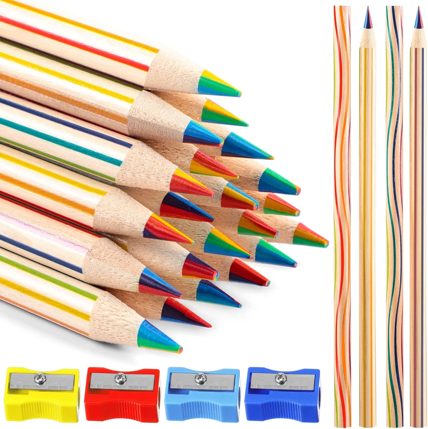 CHENGU 48 Pcs Rainbow Colored Pencils Bulk 7 Color in 1 Wooden Rainbow Pencil with 4 Pieces Sharpener for Kids Adults Art Drawing(Straight and Curved Line)