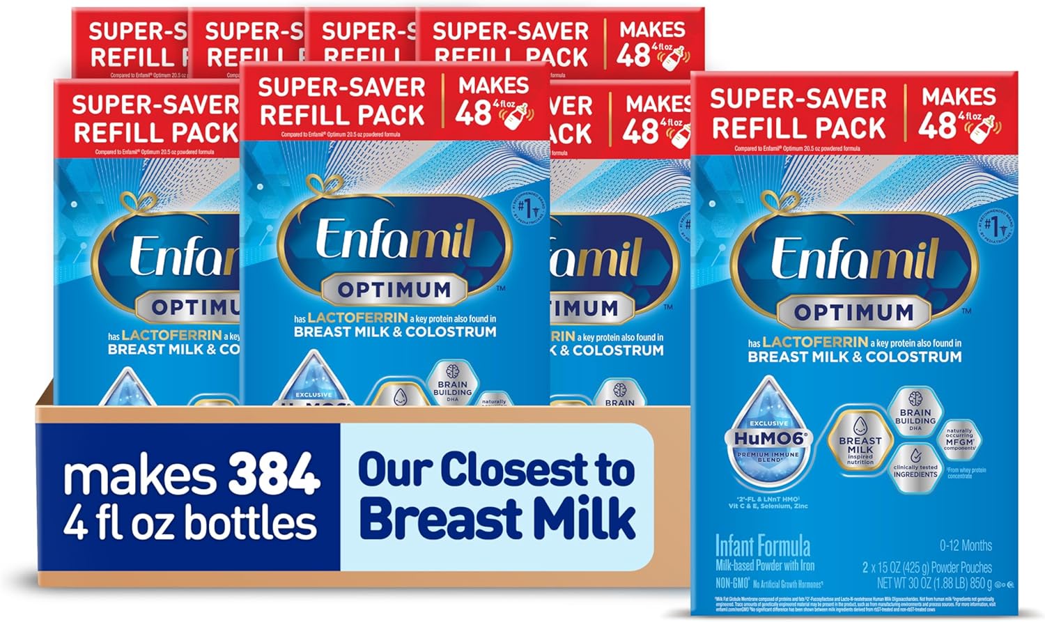 Enfamil Optimum Baby Formula, Our Closest Formula to Breast Milk, Immune-Supporting Lactoferrin also found in Breast Milk, Brain-Building DHA, 30 Oz, Pack of 8