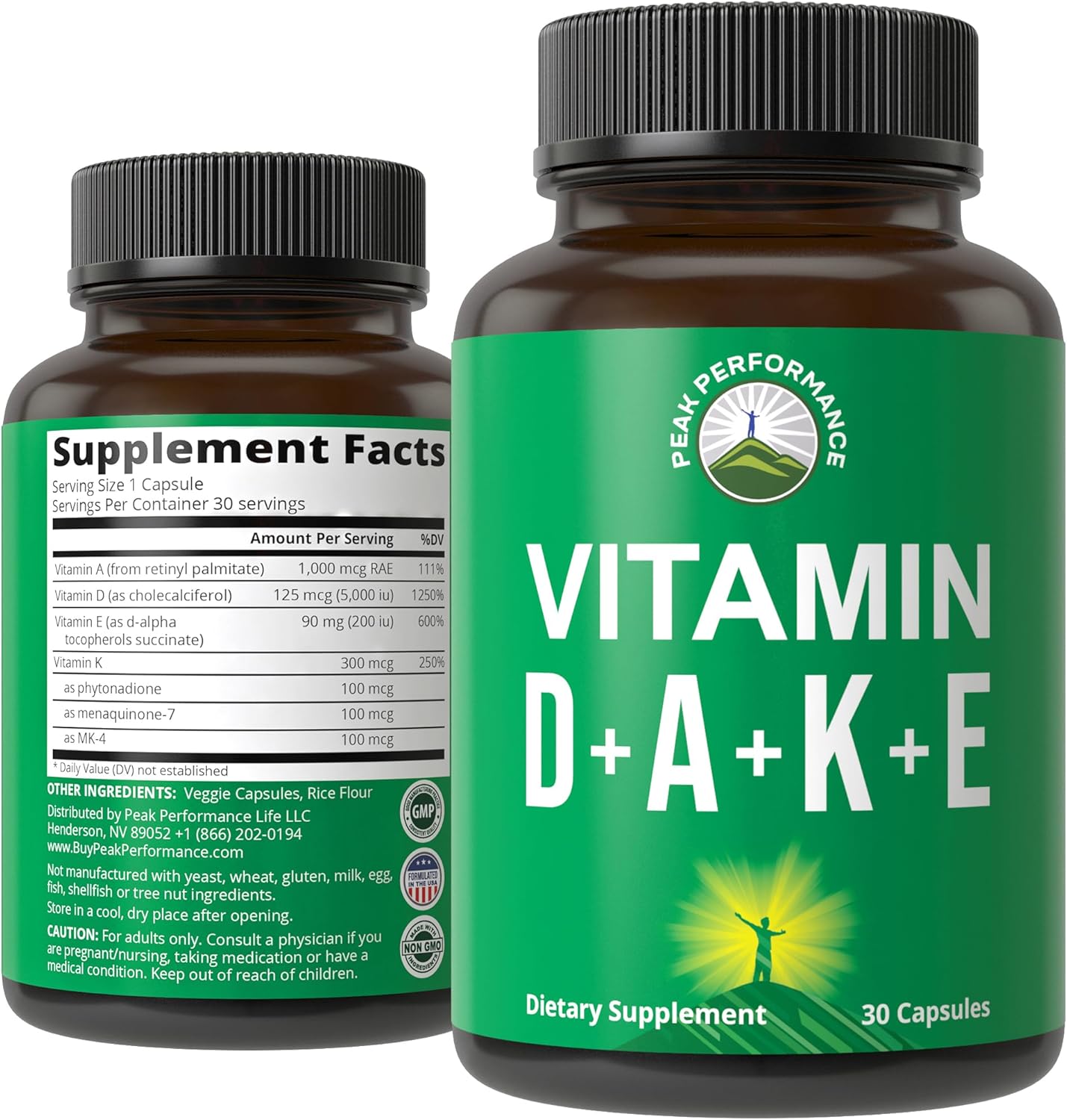 Peak Performance Vitamins D 5,000 iu + A + K + E All in 1 Easy to Swallow Vegan Capsule. ADK Vitamin Supplement with E D3 K2. Essential Vitamins for Mood, Immune, Bone, Vision, Heart