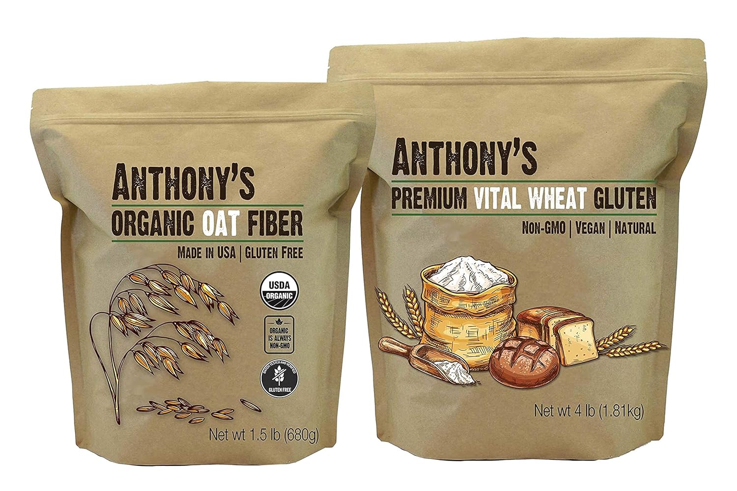 Anthony's Vital Wheat Gluten 4lb & Organic Oat Fiber 1.5lb Bundle