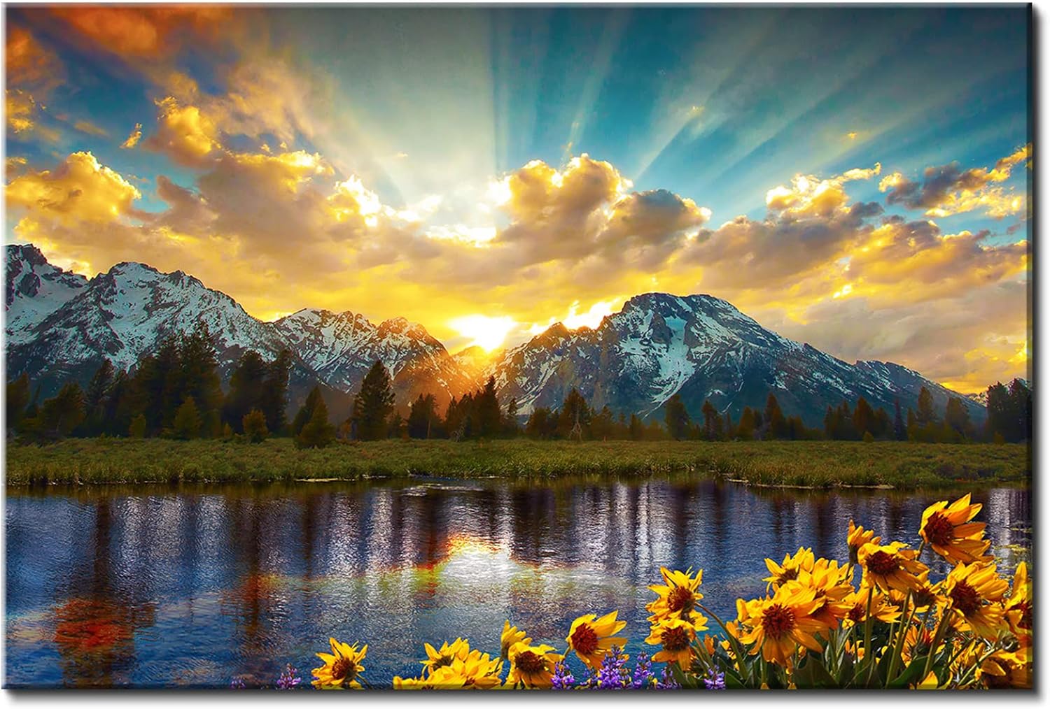 Nature Mountain Wall Art for Living Room, National Park Sunflower Landscape Canvas Picture Wall Decor 12x16, Sunset Grand Teton Lake Prints Painting Framed Artwork for Kitchen Bedroom Home Decoration