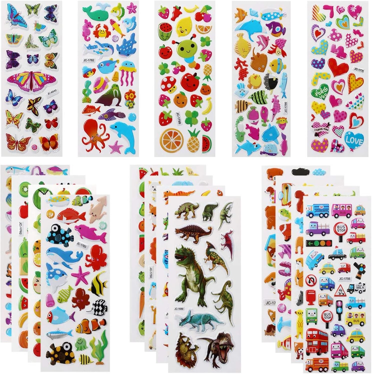 Vicloon 3D Stickers for Kids, 550+ Puffy Stickers Children Stickers 22 Variety Sheets for Rewarding Gifts Scrapbooking Including Animals, Fish, Dinosaurs, Numbers, Fruits, Trucks, Butterfly and More