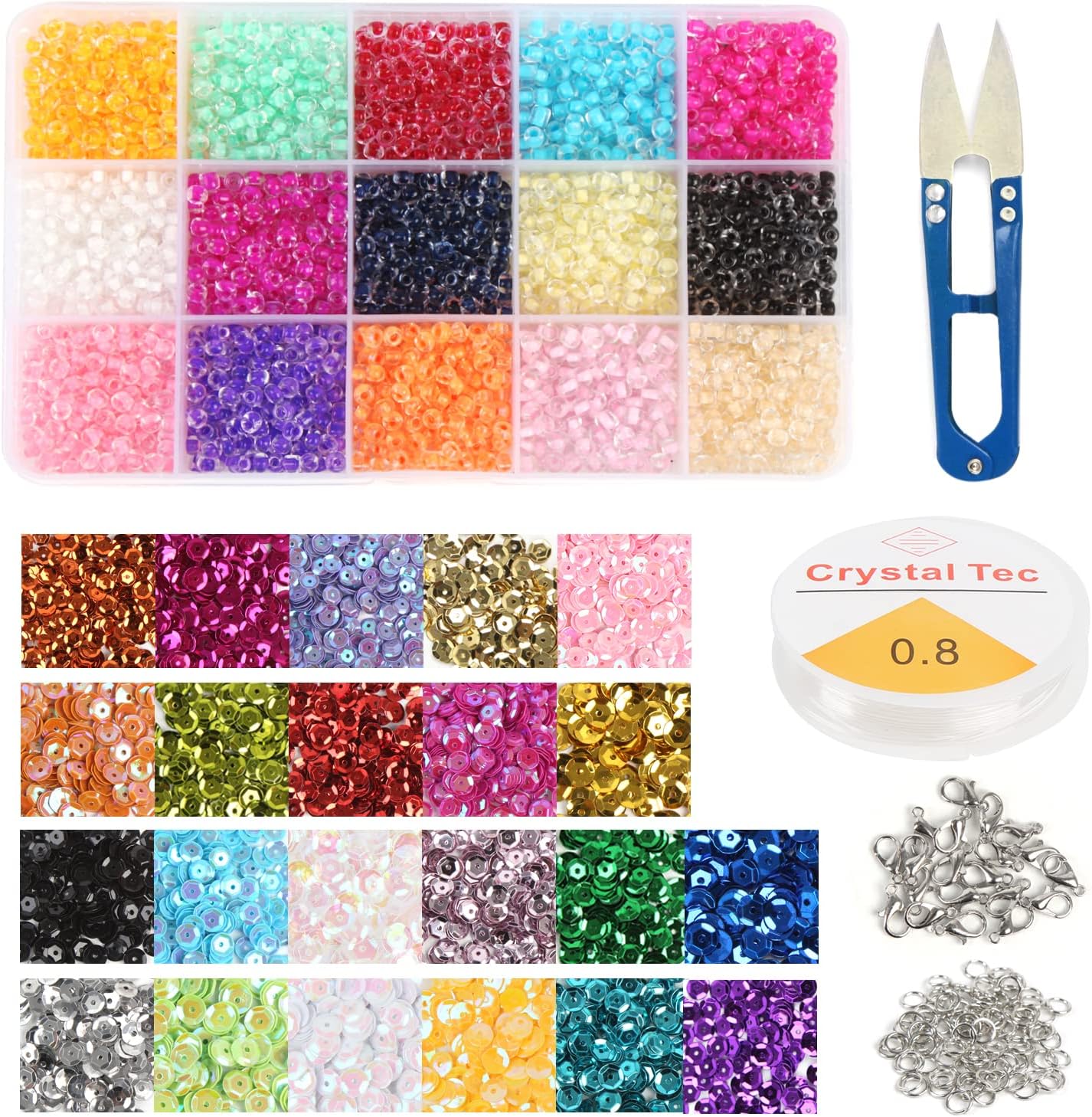 CCINEE 10322 Pcs Glass Seed Beads and Loose Sequins Kit, 4mm Small Craft Beads 6mm Tiny Spangles Kit with Bracelet String Scissors for Embroidery Applique Arts Handmade Crafts and Embellishment