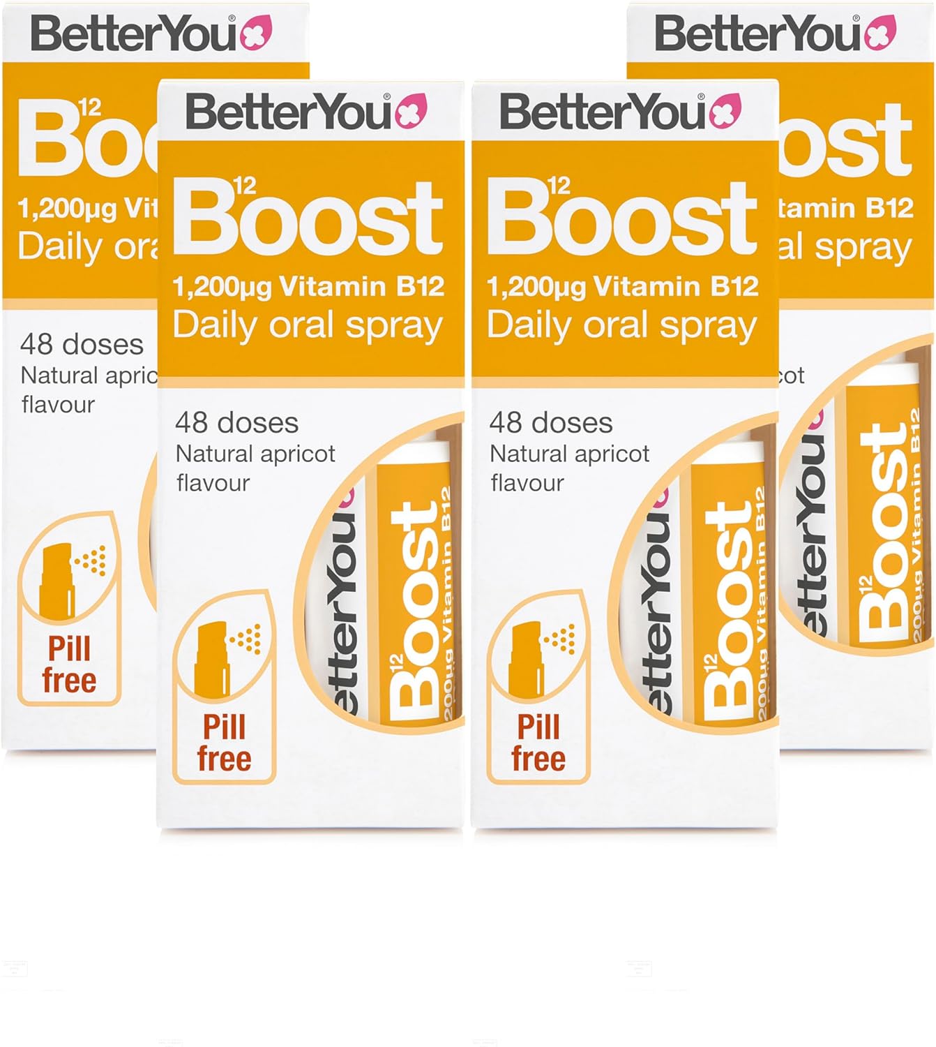 BetterYou Boost Vitamin B12 Daily Oral Spray Vitamin Spray Supplement for Energy Boost 1,200 IU Vitamin B12, Natural Apricot Flavour, Pack of 4, 25ml (192 Sprays)
