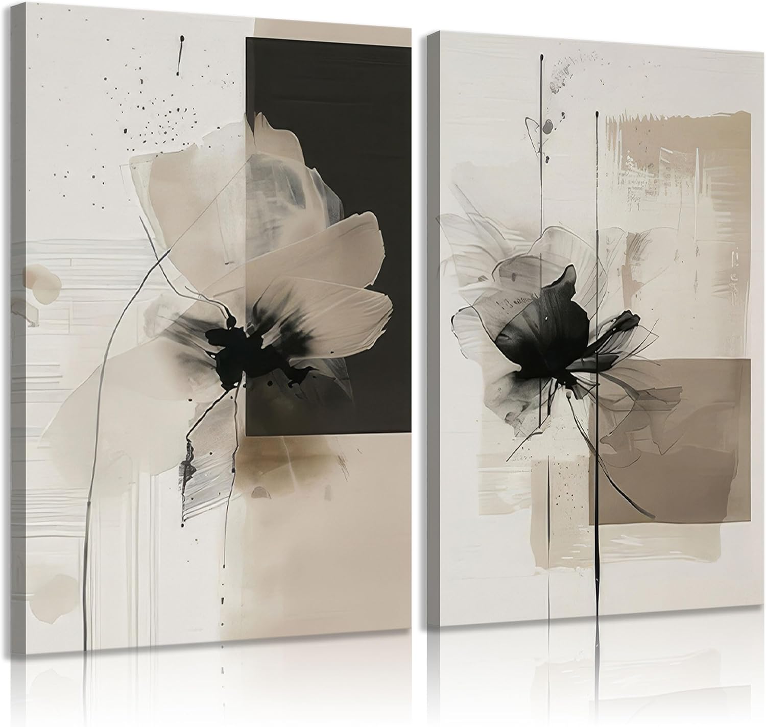 2Pcs Framed Neutral Abstract Canvas Wall Art Floral Pictures Modern Minimalist Posters Prints Beige Black Flower Wall Decoration for Living Room Bedroom Bathroom Office 12x16in