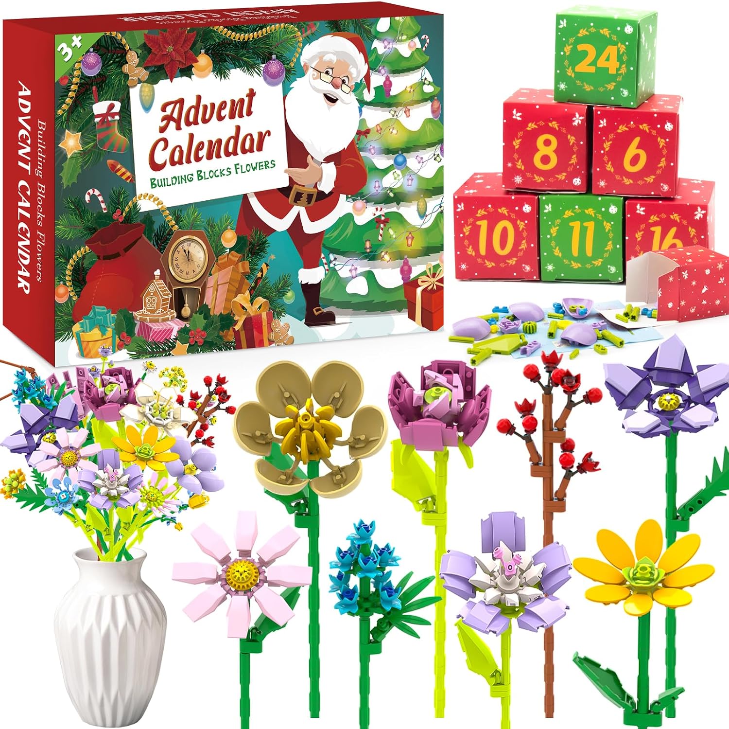 Flower Advent Calendar 2026 – 24 Days Christmas Countdown Building Set | 24 Unique Flower Bouquet Kits – 4.9mm ABS Blocks | STEM Holiday Gift for Teens & Adults w/ Step-by-Step Instructions, Ages 8+