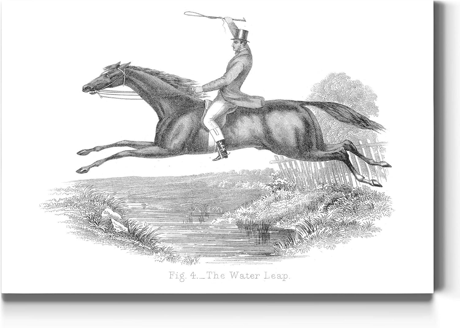 Renditions Gallery The Water Leap Wall Art, Englishmen Riding Horse, Black & White Equestrian, Premium Gallery Wrapped Canvas Decor, Ready to Hang, 32 in H x 48 in W, Made in America Painted Print