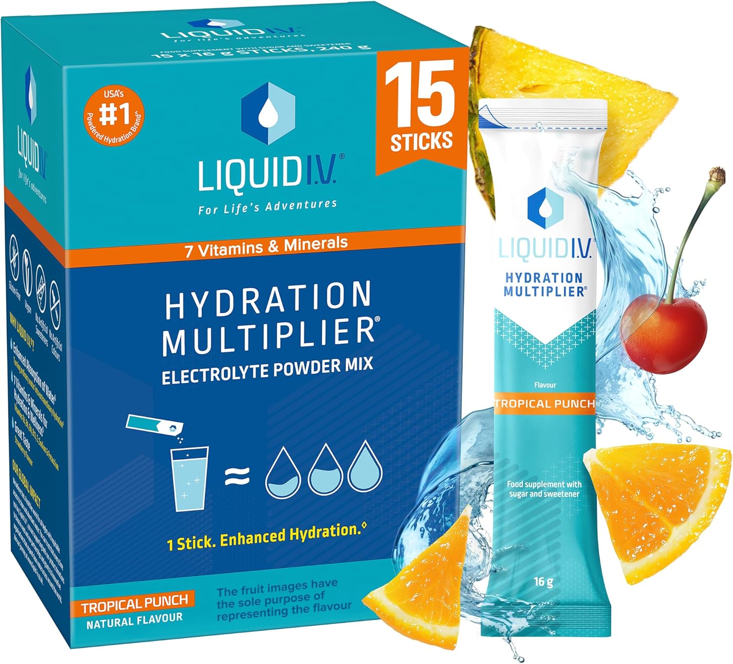 Liquid I.V. Hydration Sachets | Tropical Punch| Electrolyte Powder Mix | 1 Pack (15 Sticks) | 7 Vitamins and Minerals | Vegan