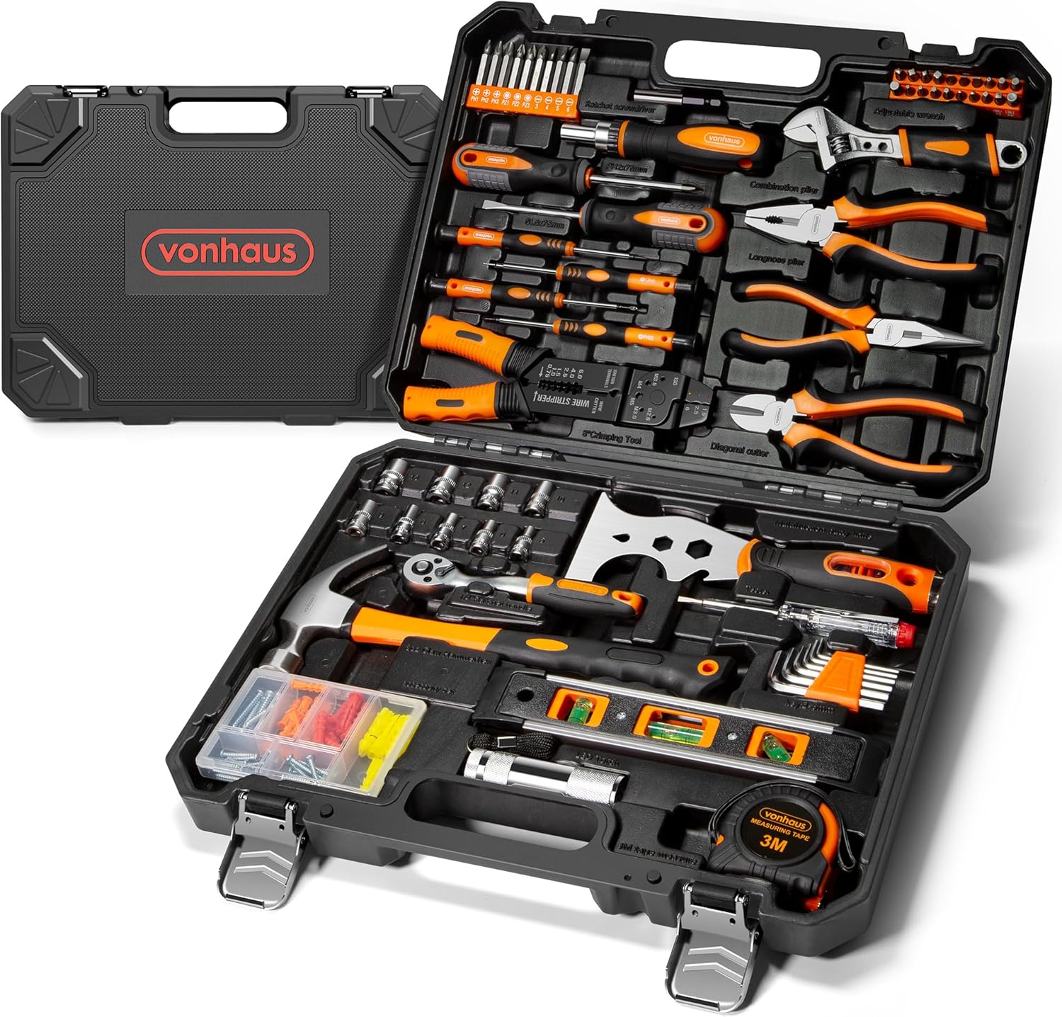 VonHaus Tool Kit - Ultimate 120 pcs Tool Box - Includes Hand Tools, LED Torch, Hex Keys, 3m Tape Measure & More - Comprehensive DIY Kits for Home, Perfect for Beginners - Includes Carry Case