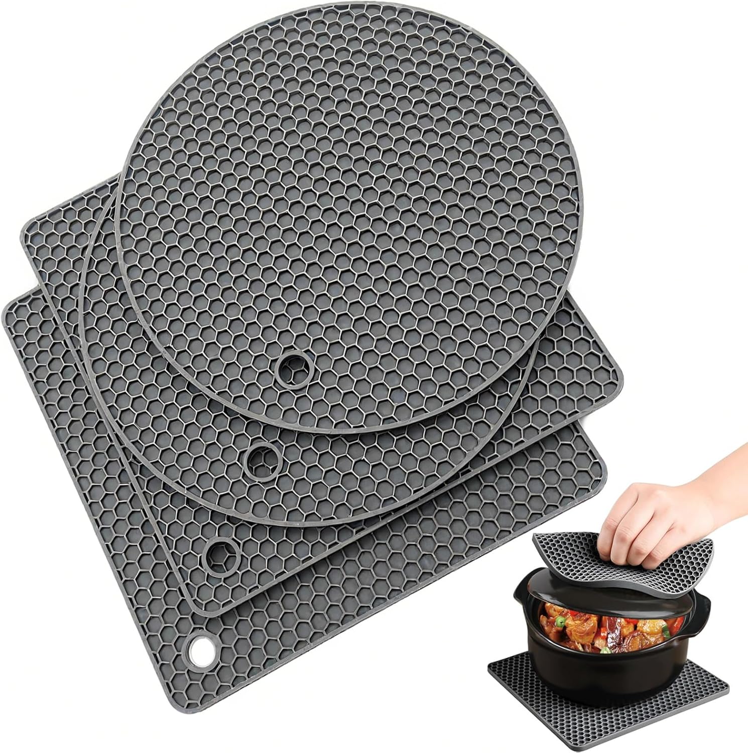4 Pack Silicone Trivet Mats, Extra Thick Heat Resistant Multi-purpose None slip Silicone Trivet Mat, 18 cm Hot Pot Pads Oven Mitt for Kitchen Cooking Dining Microwave, Square and Round(4 Dark Gray)