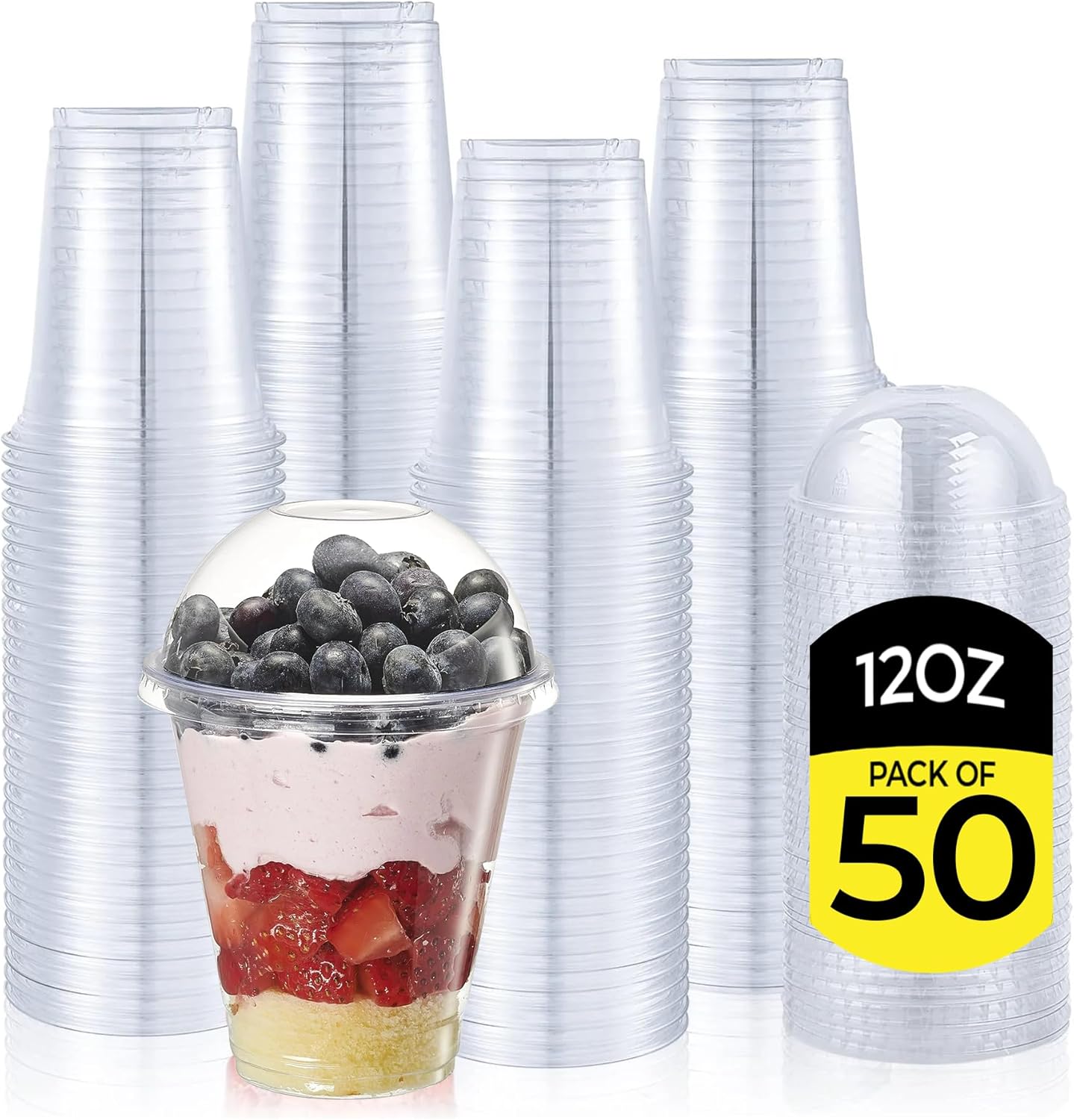 Zuvo Plastic Smoothie Cups with Dome Lids - 12 OZ (Pack of 50) - Strong Clear Plastic Cups for Milkshakes, Smoothies, Iced Coffee, Slusly and Bubble Tea - 100% Reusable Cups