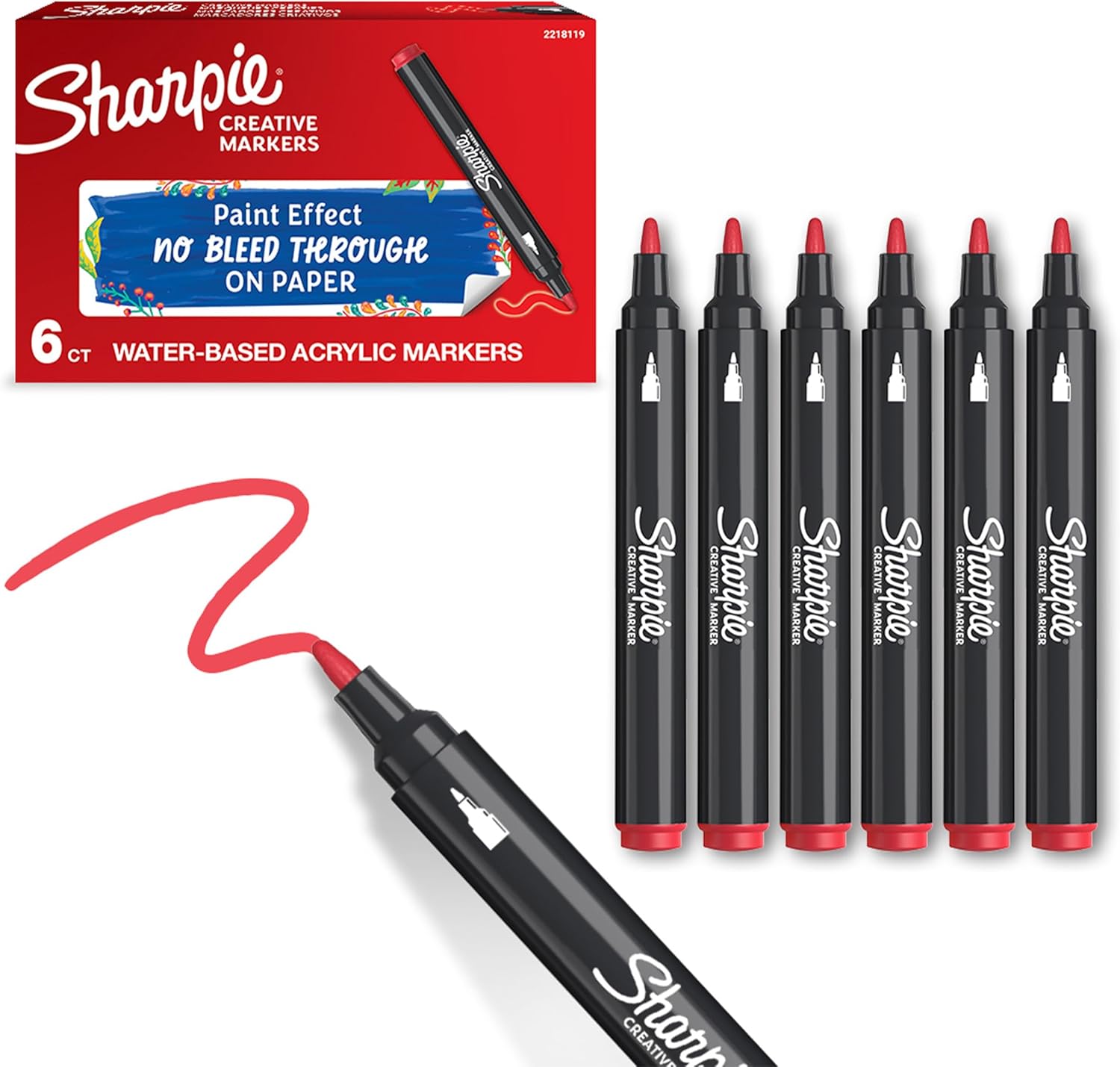 Sharpie Creative Marker Acrylic Paint Pens | Bullet Tip Water-Based Paint Markers | Red | No-Bleed Ink Writes on Most Surfaces | Crafting & Art Supplies | 6 Count