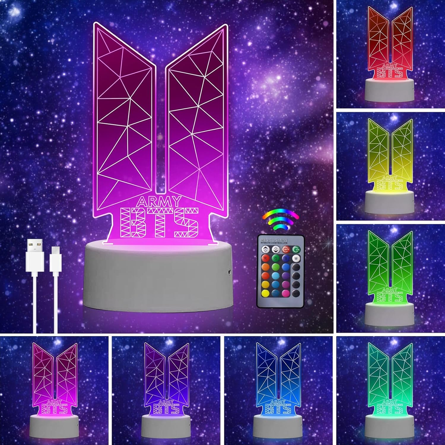 Eygerur 3D Night Lights BTS Gifts: Kpop BTS Fans Merch, 16 Colors Dimmable LED Illusion Table Lamp with Remote Control and Smart Touch for Girls Room Decor Music Party Birthday Christmas