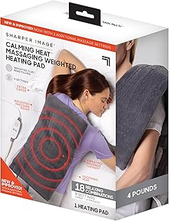 Calming Heat Massaging Weighted Heating Pad by Sharper Image- Weighted Electric Heating Pad with Massaging Vibrations, 9 Settings- 3 Heat, 6 Massage- 18 Relaxing Combinations, 12” x 24”, 4 lbs