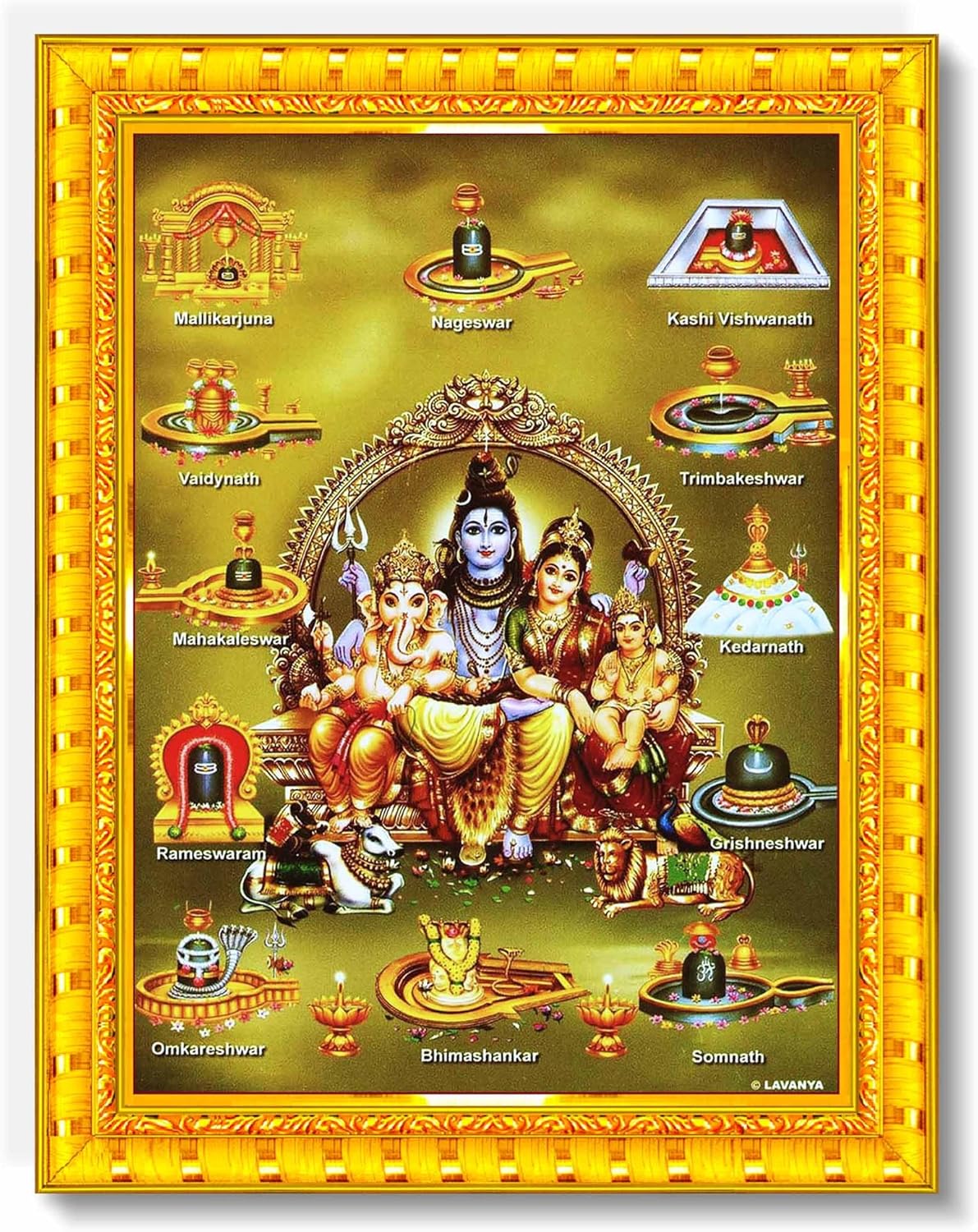 Pavan Photo Laminations Shiv Parivar Family Siva Parvati Jyotirling Wall Painting Framed Home Decor (Wood,Matte,Gold,Small Size,6 x 8 Inch) R143S