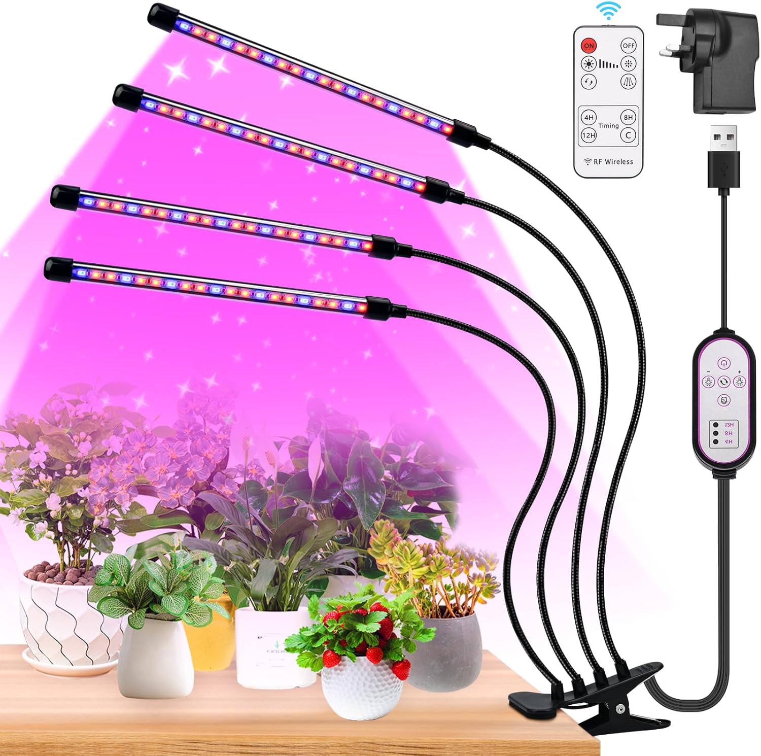 LUOCAI Grow Lights for Indoor Plants 80 LEDs 4 Arm Full Spectrum LED Grow Light with Timer, 6500K/3000K/660nm Grow Lamp for Seedlings and Succulents with Remote Controls, 10 Dimming Level