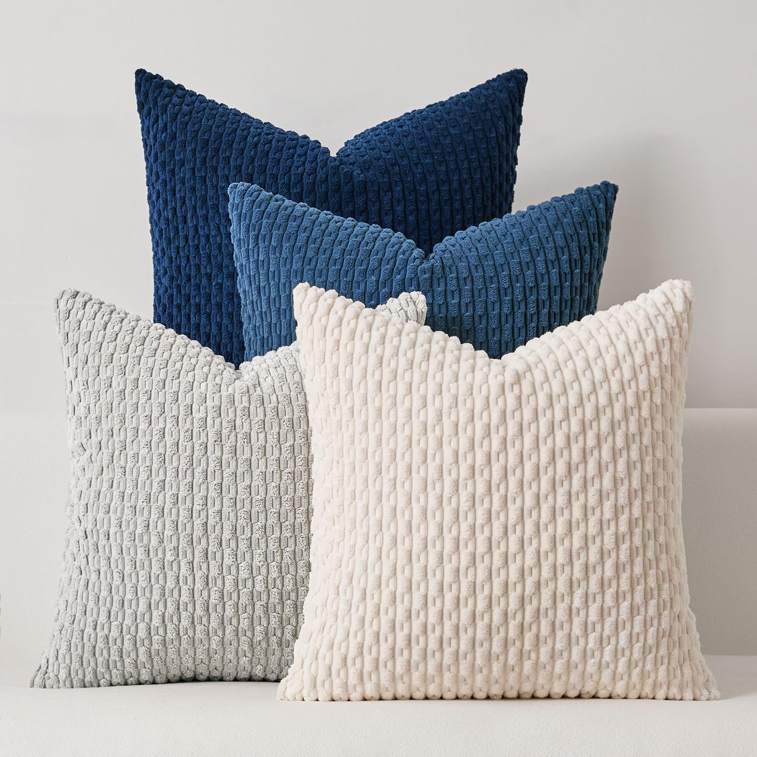 Kevin Textile Pack of 4 Corduroy Decorative Throw Pillow Covers 18x18 Inch Soft Boho Striped Pillow Covers Modern Farmhouse Home Decor for Sofa Living Room Couch Bed Blue