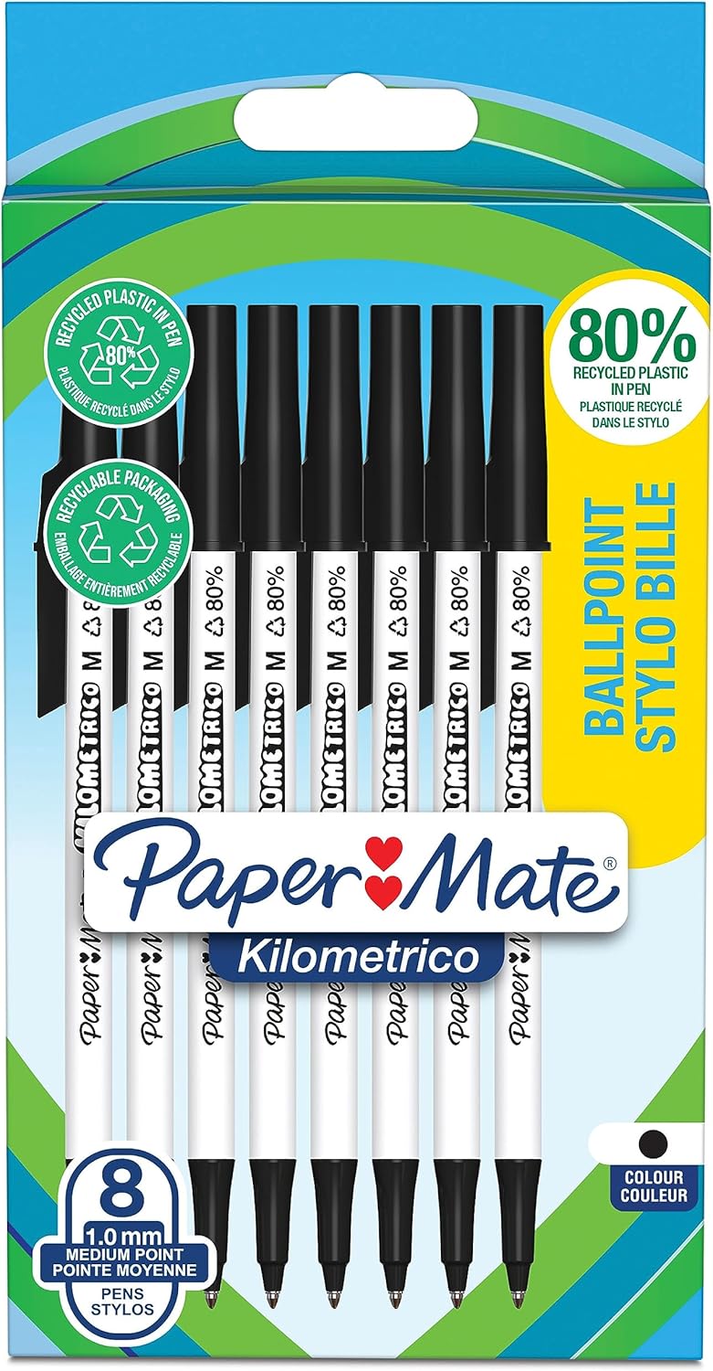 Paper Mate Kilometrico Ballpoint Pens | Long Writing with Medium Point (1.0mm) | Black Ink | 80% Recycled Plastic | 8 Count