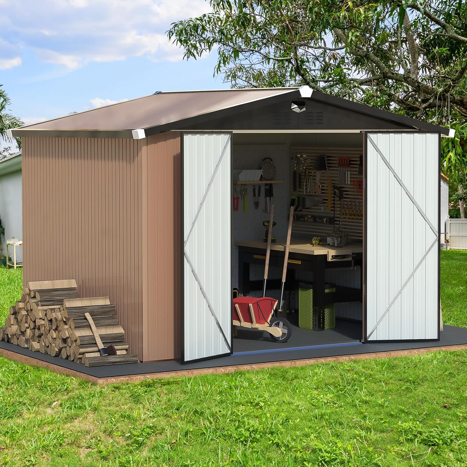 Metal Storage Shed,Outdoor Storage Building 10x8,Large Backyard Shed with Lockable Doors,Waterproof Outside Storage Shed