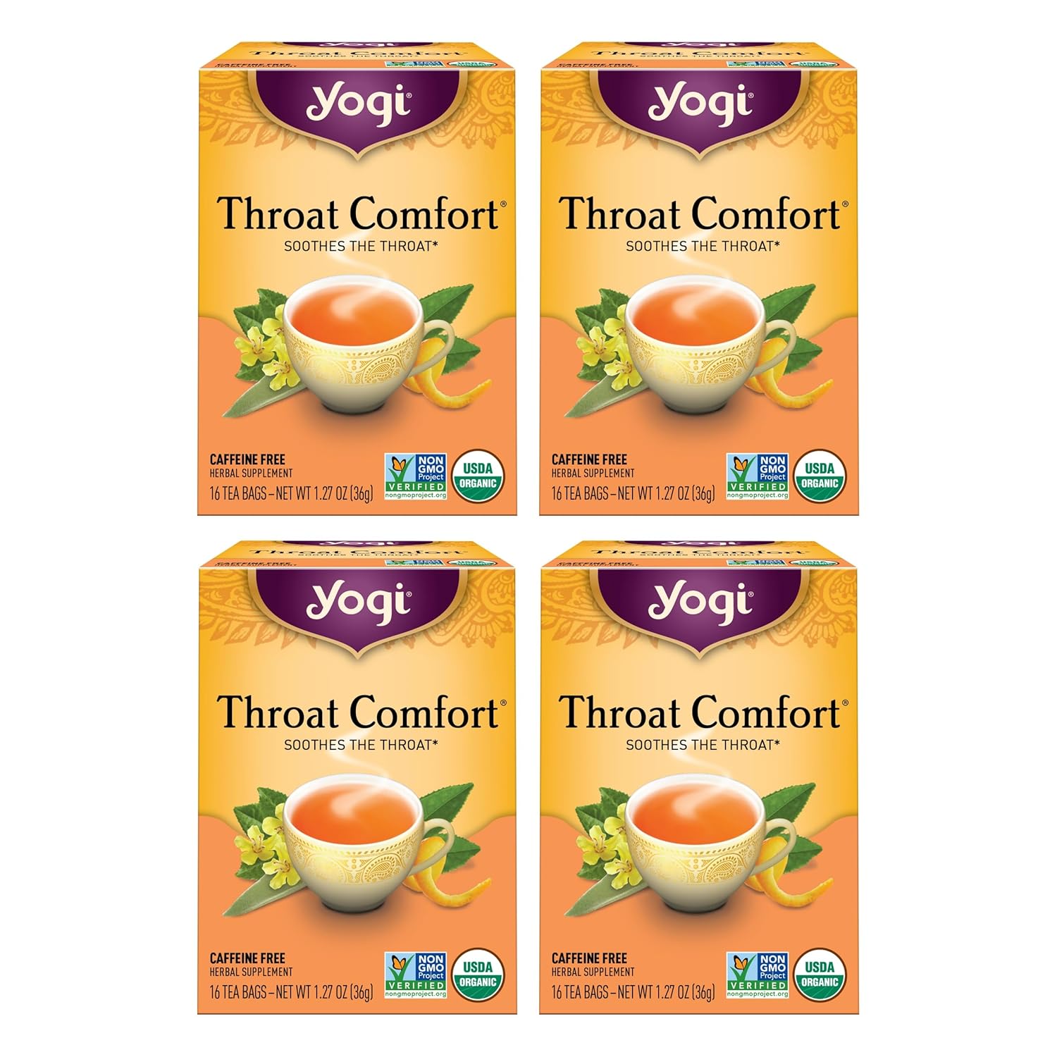Yogi Tea Throat Comfort - 16 Bags per Pack (4 Packs) - Herbal Tea for Throats - Organic Throat Soothing - Includes Licorice Root, Wild Cherry Bark, Slippery Elm Bark & More