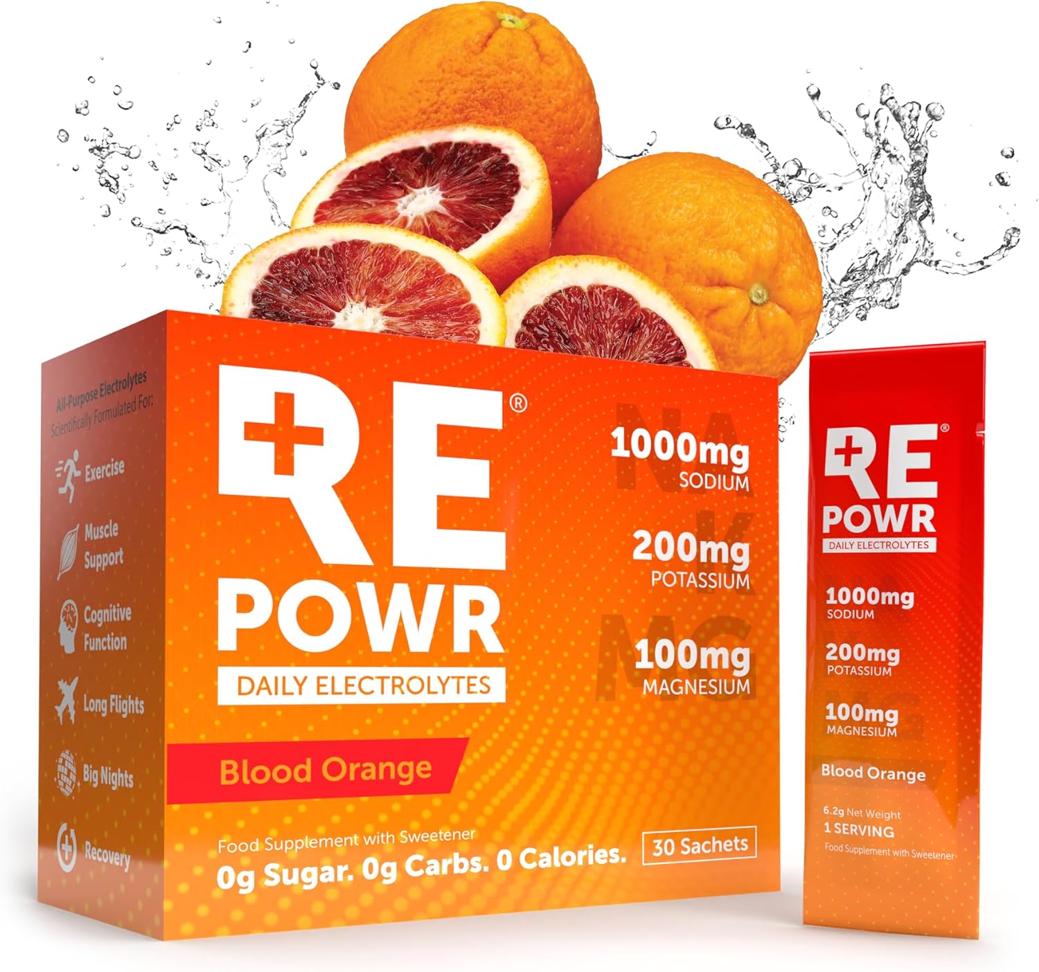 REPOWR - Electrolytes Made with Oryx Desert Salt | No Sugar. No Carbs. No Calories. | Clean Hydration for Healthy Diets, Fasting and Exercise | Natural Ingredients | 30 Sachets - Blood Orange Flavour
