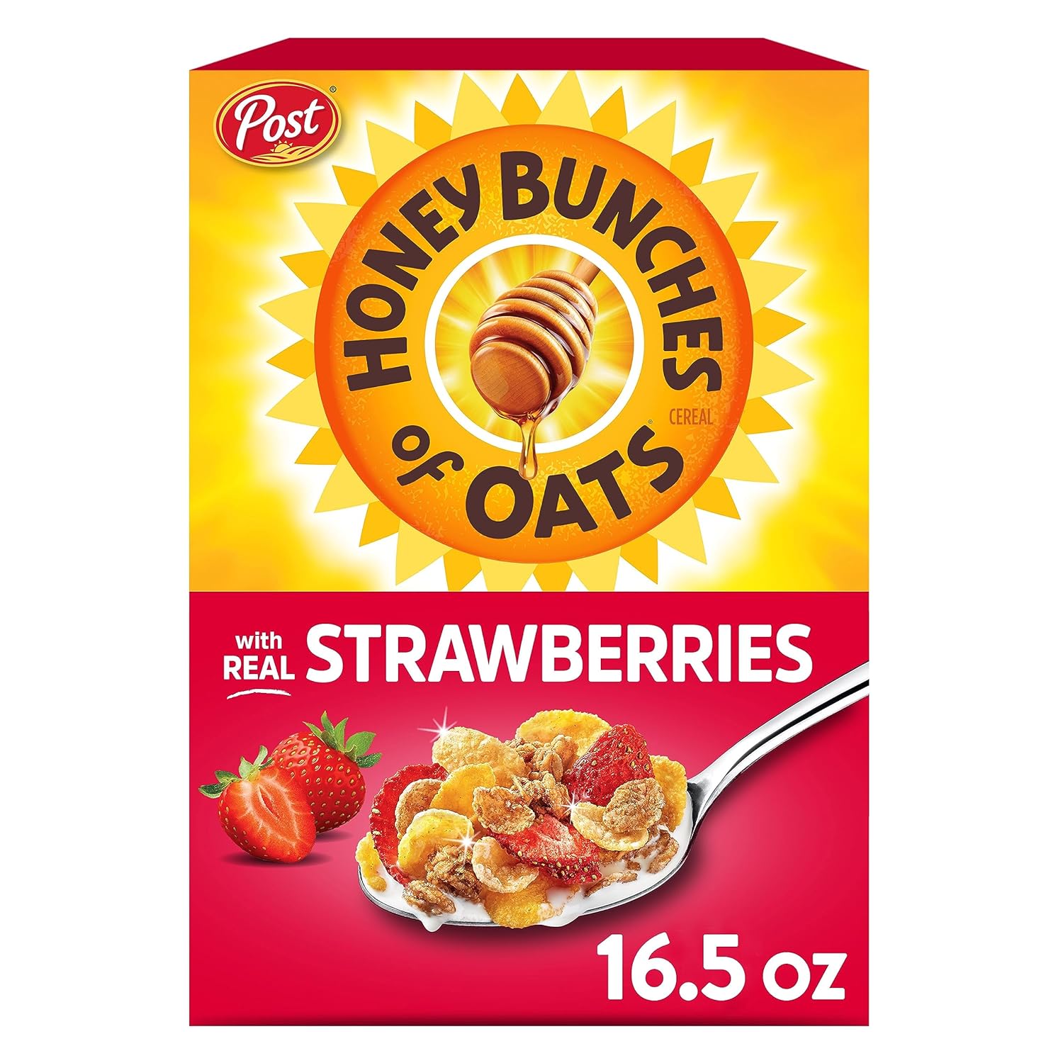 Post Honey Bunches of Oats with Strawberries Breakfast Cereal, Strawberry Cereal with Oats and Granola Clusters, 16.5 OZ Box
