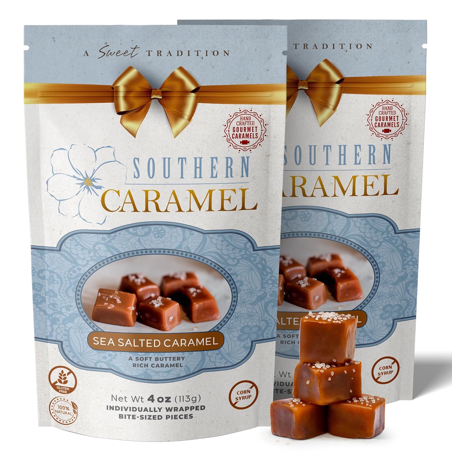 Southern Caramel Sea Salted Caramels, Rich, Buttery Caramel Candy with a Sprinkle of Coarse Sea Salt, Sweet & Salty, Handcrafted, No Corn Syrup, Gluten Free, Individually Wrapped Treats, 4 oz (Pack of 2)