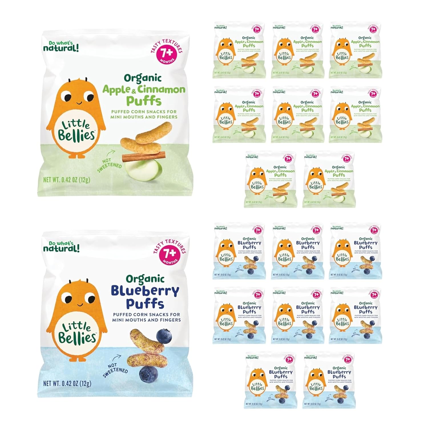 Little Bellies Organic Puffs Variety Pack, Blueberry & Apple and Cinnamon (Pack of 18)
