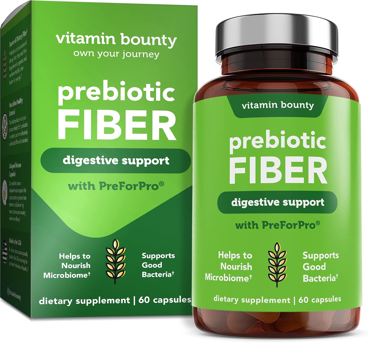 Vitamin Bounty Prebiotic Capsules - PreforPro® Prebiotics Supplement for Women & Men Digestive Health & Advanced Gut Health – No Fiber, No Bloating – Boosts Probiotic Effectiveness – 60 Vegan Cap