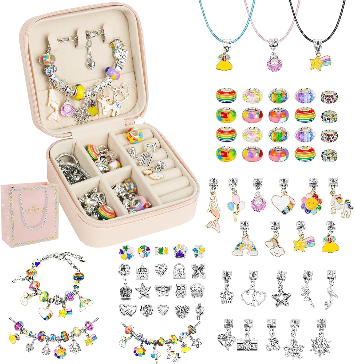 OdiuK Charm Bracelet Making Kit for Girls 66 pcs Jewellery Making Kit with Beads, Pendants, Snake Chains, Necklaces, Gift Box & Bag – Arts and Crafts for Kids Age 5-13, Birthday Gift