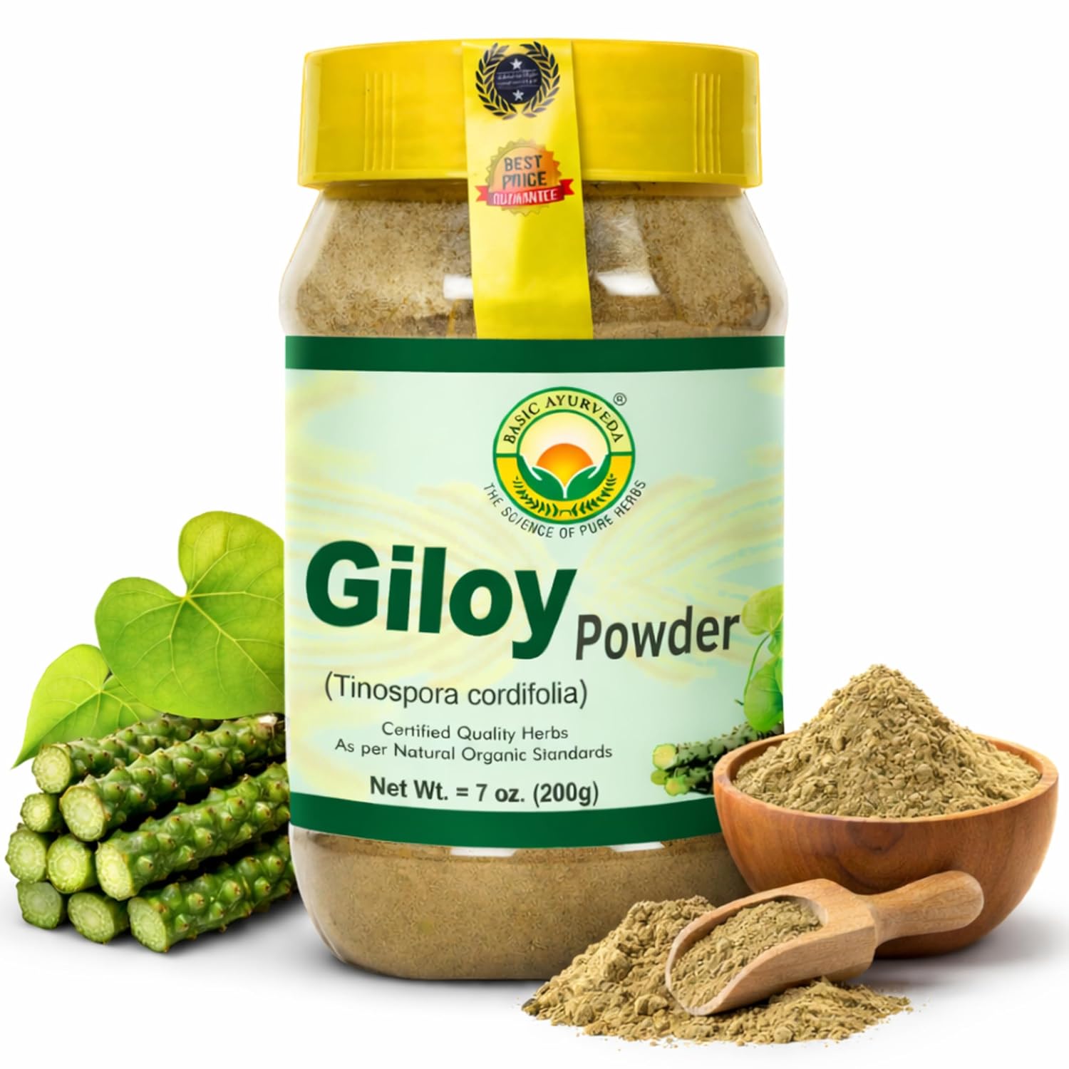 BASIC AYURVEDA Giloy (Guduchi) Powder | 7.05 Oz (200g) | Pure Tinospora Cordifolia Powder for Herbal Tea | Supports Immunity & Energy | No Added Colors & Flavors | Non-GMO, Gluten-Free & Vegan