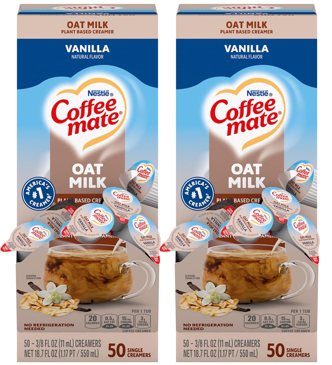 Nestle Coffee mate Plant Based Liquid Coffee Creamer Singles, Vanilla Flavored Oat Milk, 50 Ct Box (Pack of 2)