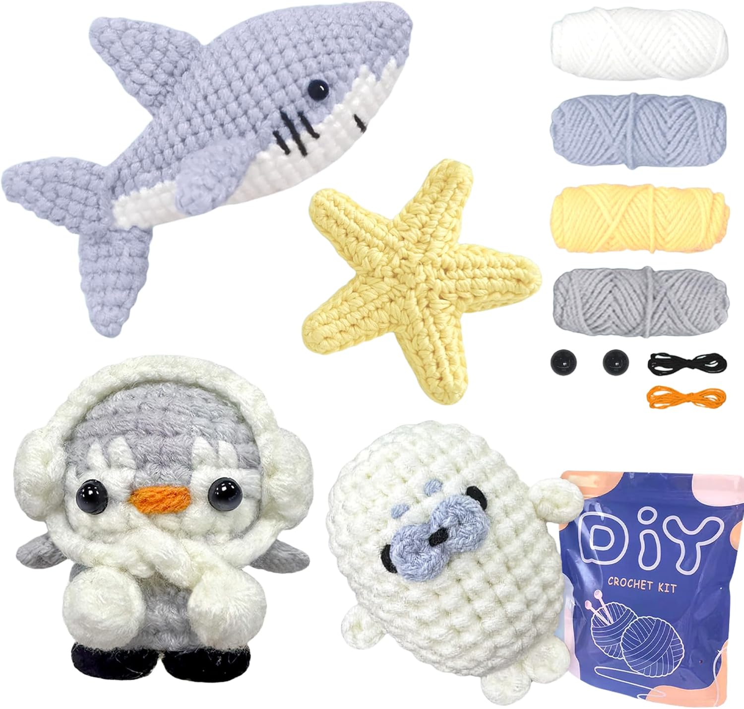 YAMAXIN Crochet Kit for Beginners – Ocean Animal Amigurumi DIY Yarn Kit with Step-by-Step Instructions, Tools & Soft Yarn – 4 Pack Crochet Kit Gift for Adults, Teens & Kids