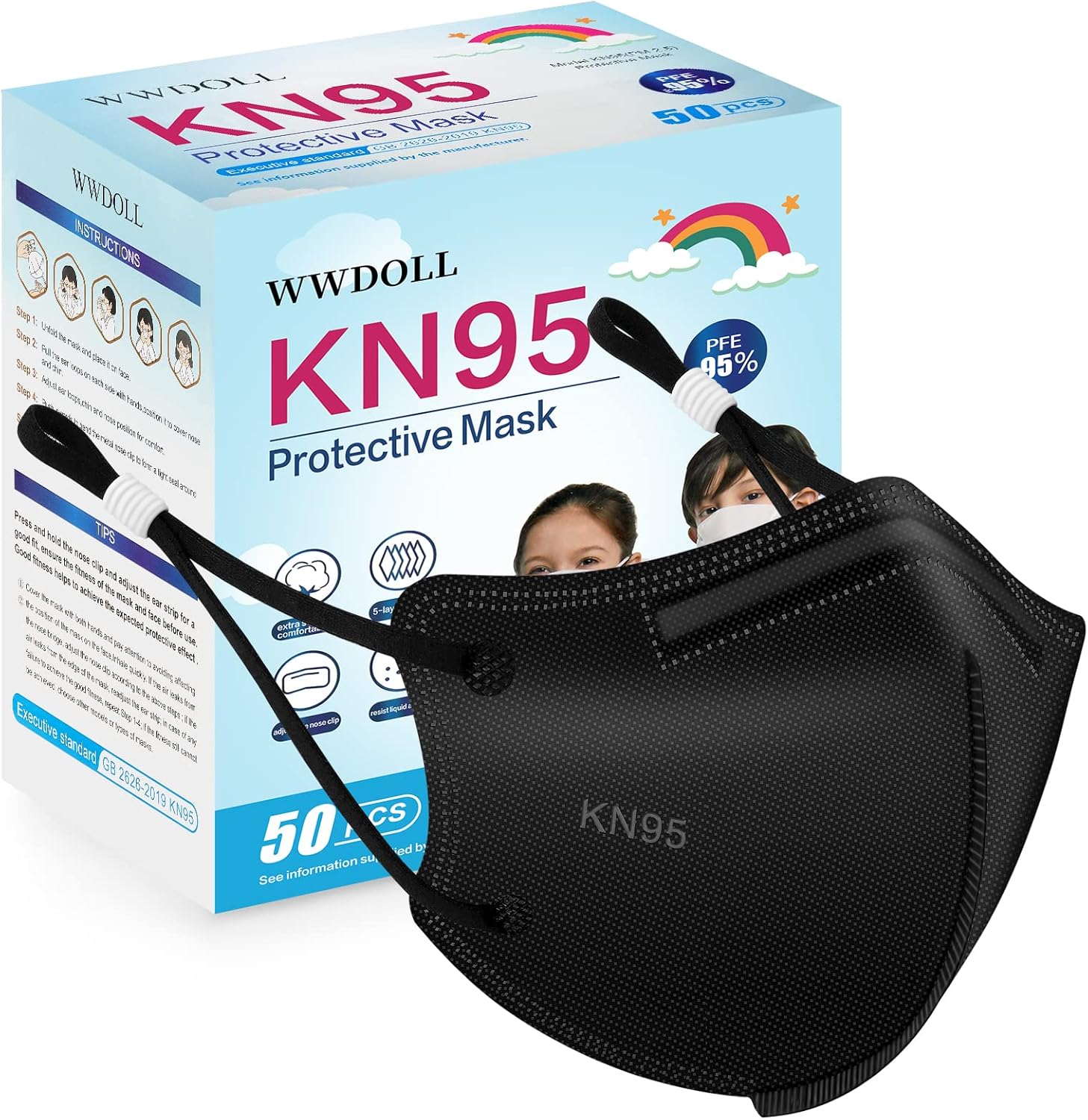 Kids KN95 Face Mask 50 Pack, 5-Layers Breathable KN95 Masks for Children, Black