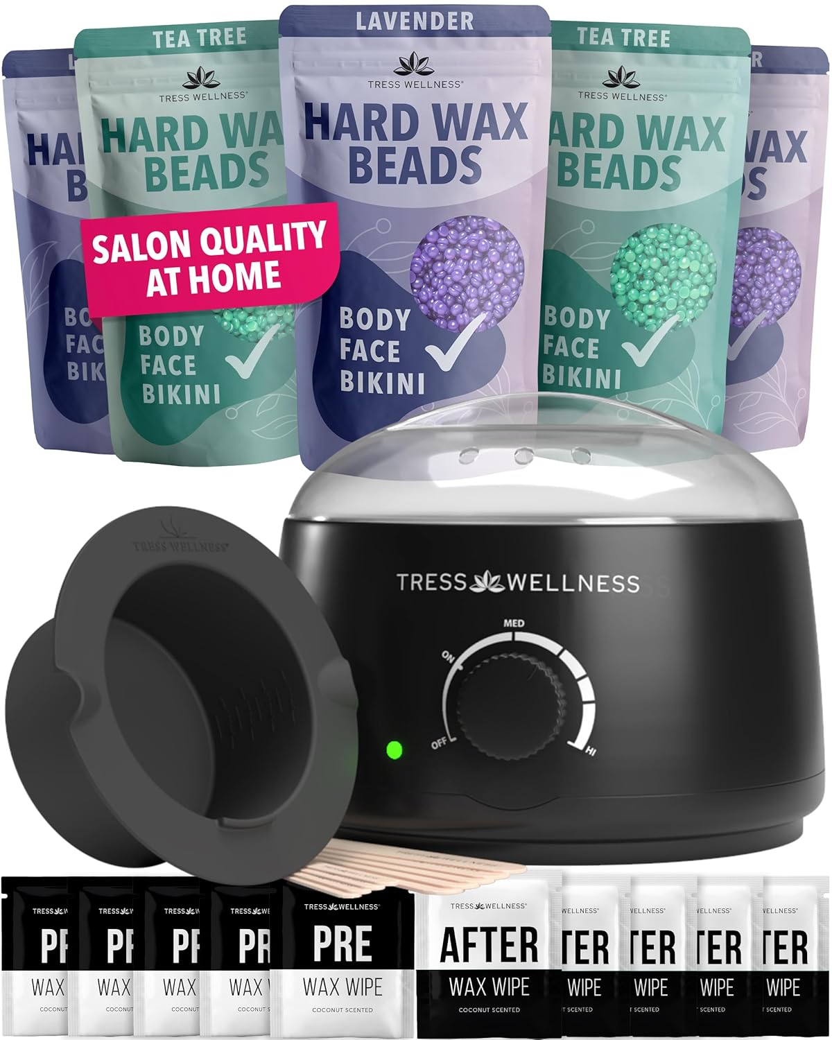 Tress Wellness Waxing Kit for Brazilian Wax – Easy to Use – For Sensitive Skin – Wax Warmer for Hair Removal – Black, No Display