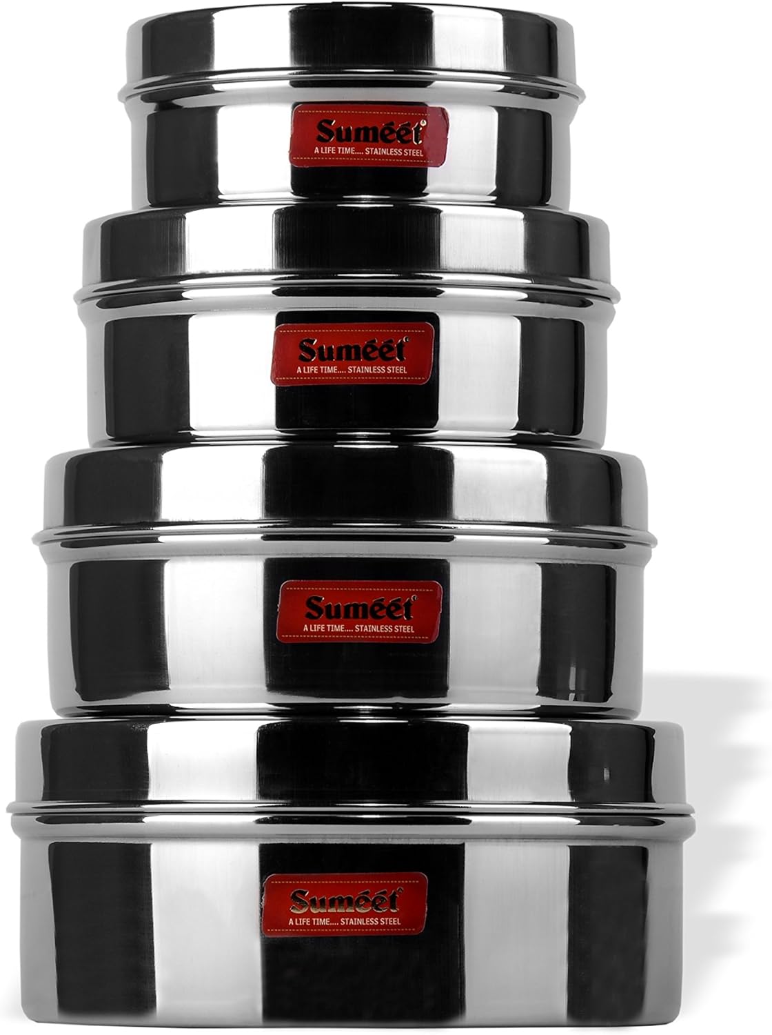 Sumeet Stainless Steel Flat Canisters/Puri Dabba/Storage Containers Set of 4Pcs (No. 6 To No. 9) (200ml, 350ml, 500ml, 800ml)