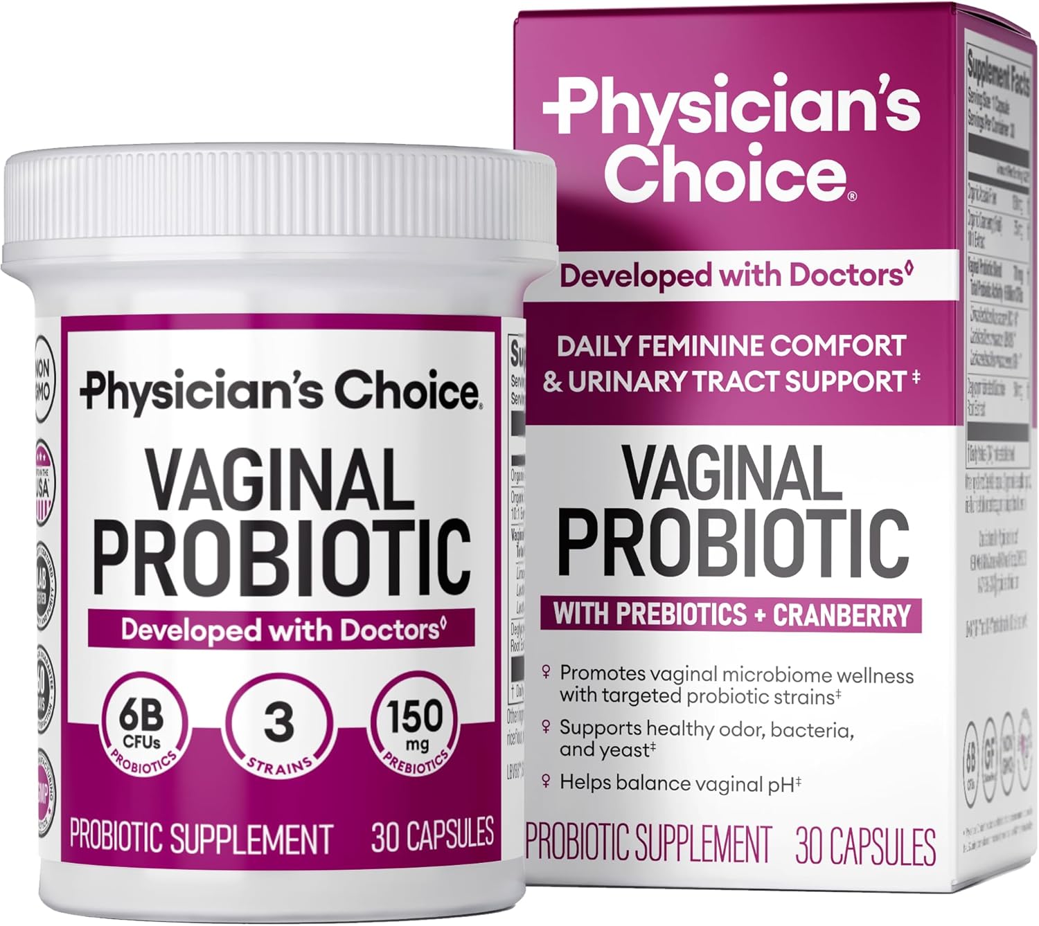 Physician's CHOICE Vaginal Probiotics for Women - pH Balance, Odor Control, Yeast Balance, Vaginal Flora & Feminine Health - 6B CFU with Organic Prebiotics and Cranberry Extract - 30 CT