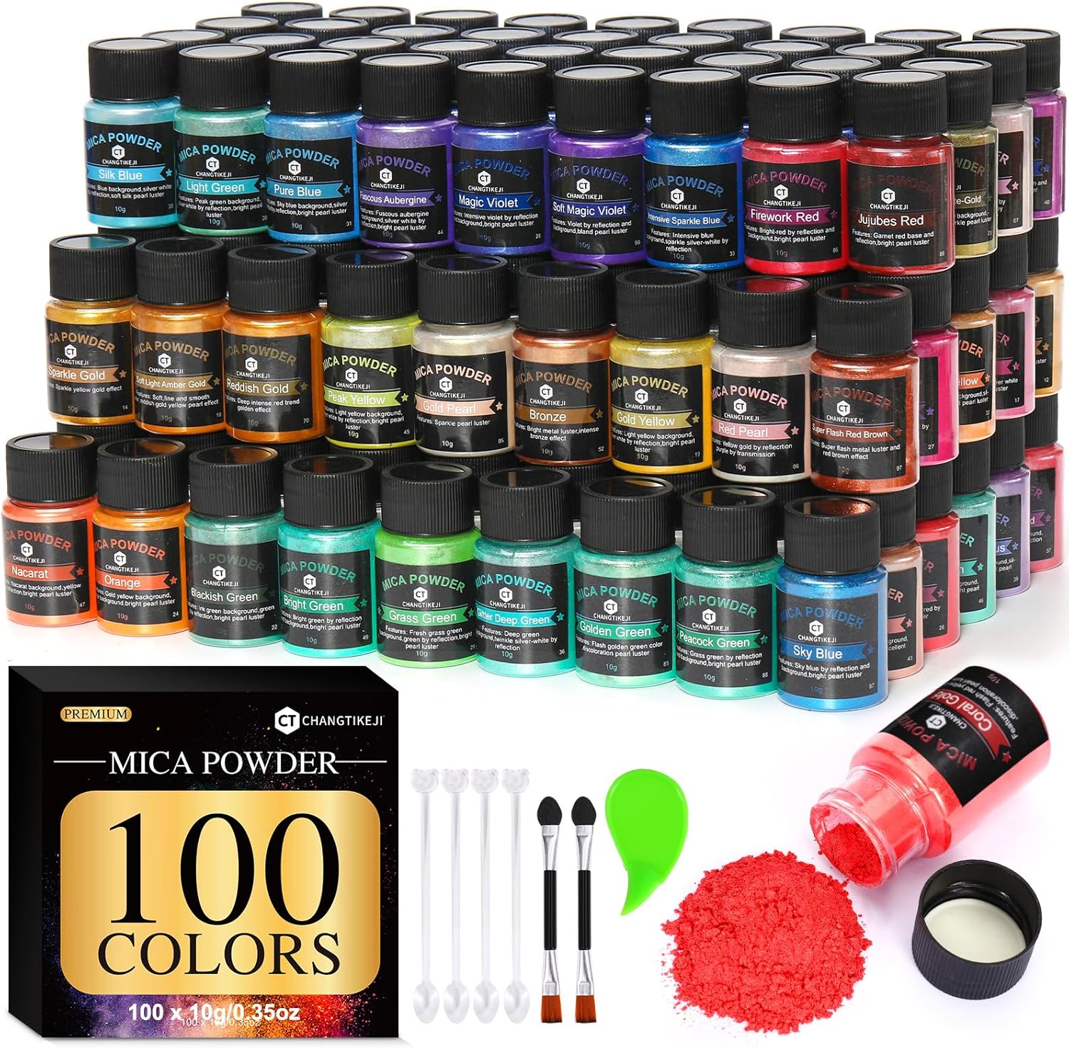 Mica Powder ，100 Colors - 10g/Bottle of Natural Pigment for Epoxy Resin，Lip Gloss，Eye Shadow,Car Freshies,Dye,Soap Making,Nail Polish,Candle Making,Bath Bombs