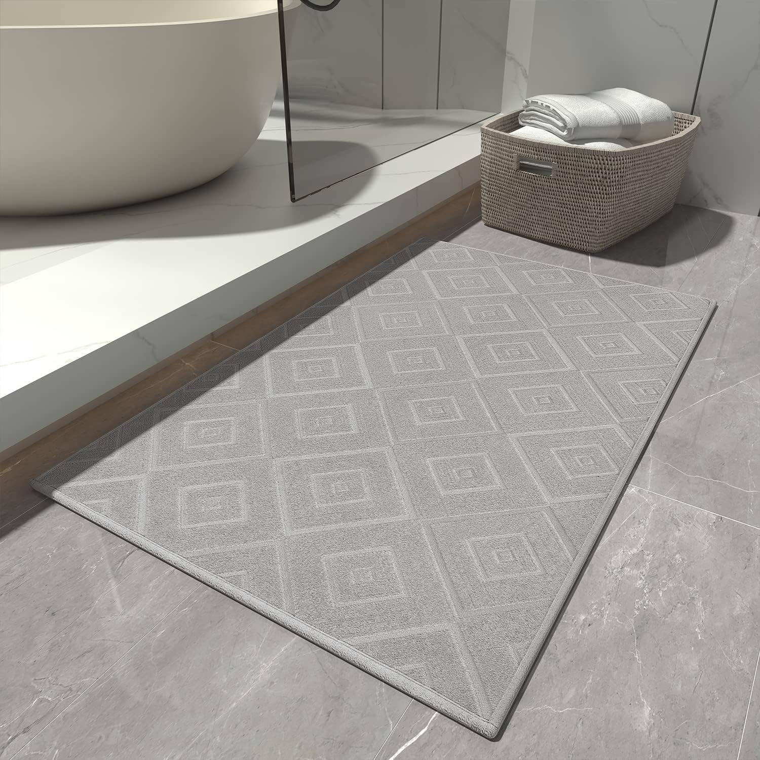 MontVoo-Bath Mats for Bathroom Non Slip with Rubber Backing, Absorbent Terrycloth Bath-Rugs, Machine Washable Bathroom-Mat, Thin Bathroom Rugs Fit Under Door, Gray Bathroom Rugs for Bathroom 21"x34"