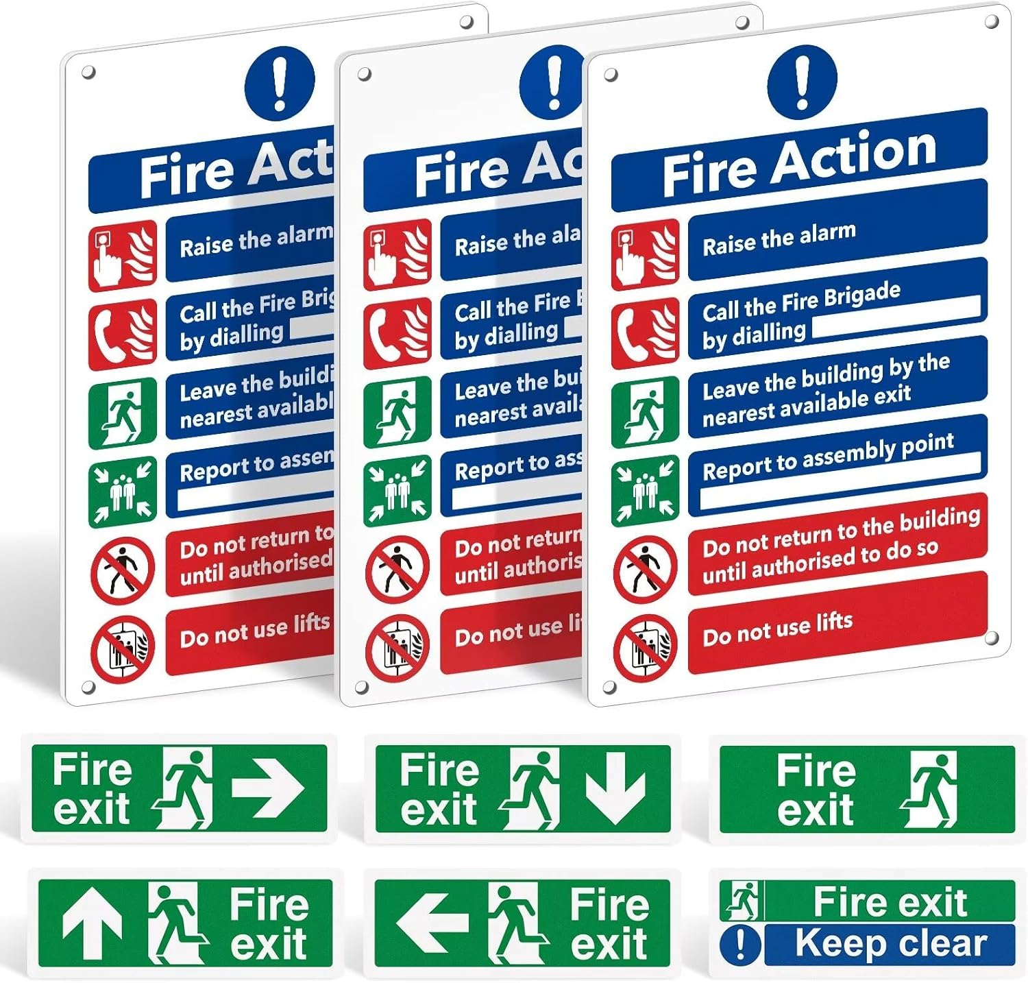 Fire Safety Signs Pack of 9 - Fire Action Notice Sign - 1mm Rigid Plastic - 300 x 200mm, Exit Sticker, Keep Clear - Self-Adhesive Vinyl Emergency Exit Signage, Matte Finish