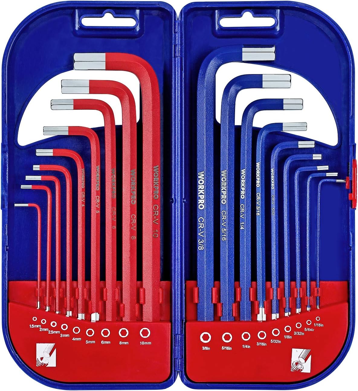WORKPRO Hex Key Set, Metric/Imperial Hexagonal Hex Keys Set, Combined Long Arm Hexagon Key Set, 18-Piece, 1.5-10 mm and 1/16-3/8 Inch with Carry Case